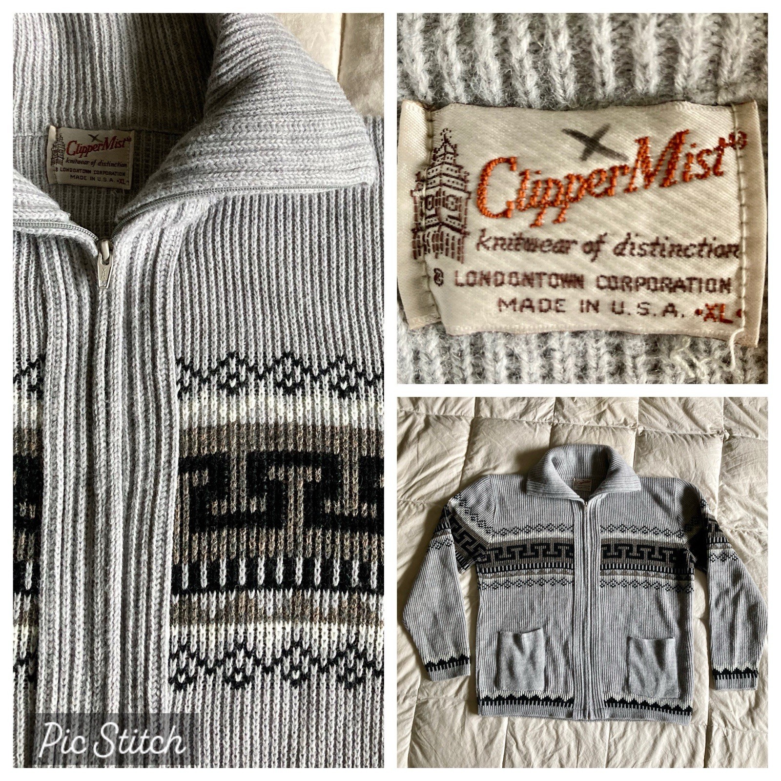 Vtg Clipper Mist “The Dude” Style Full Zip Cardigan Sweater Gray Men XL USA Made