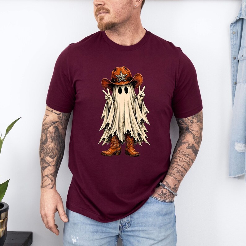 Cowboy Ghost Peace Sign T-Shirt, Western Halloween Spooky Season Tee