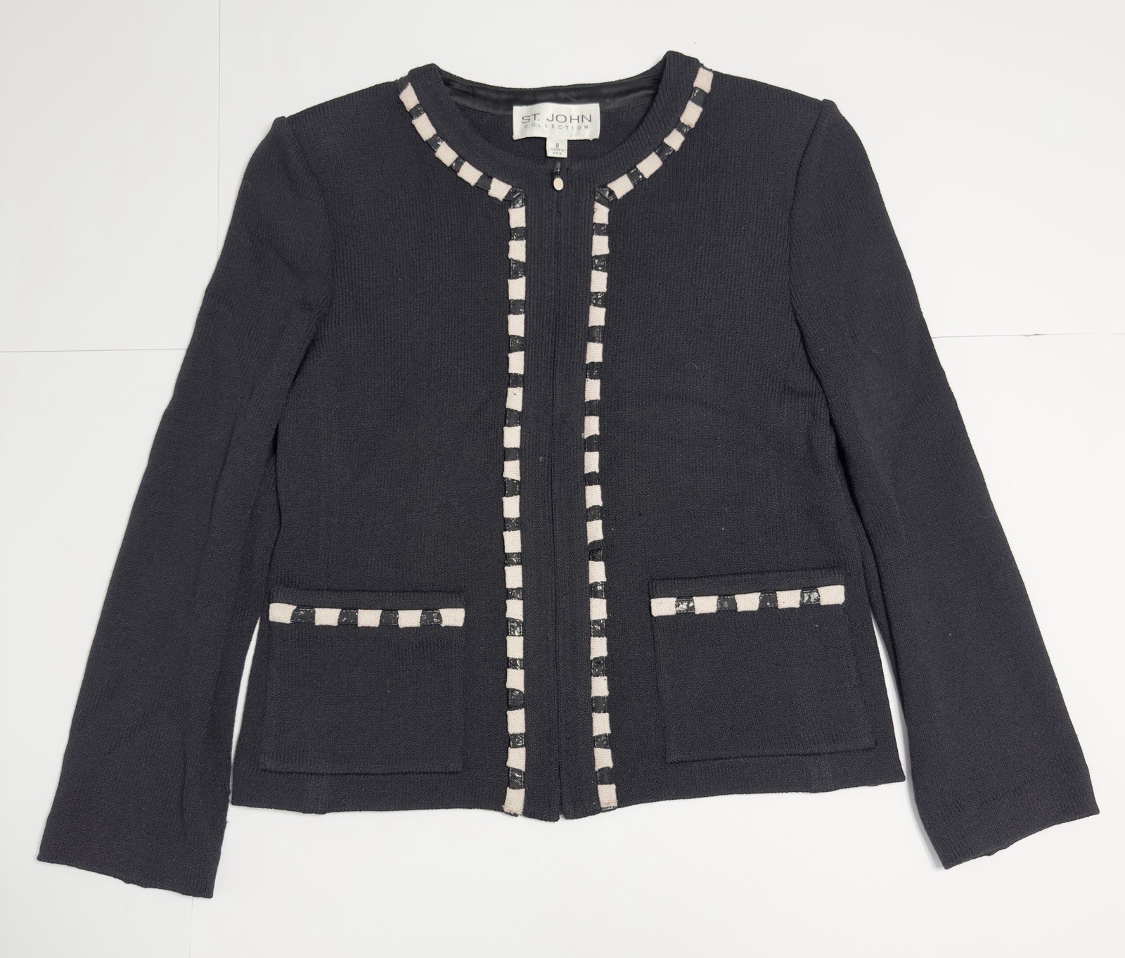 VTG St John Collection Santana Full Zip Knit Cardigan Jacket Shoulder Pads 6 USA