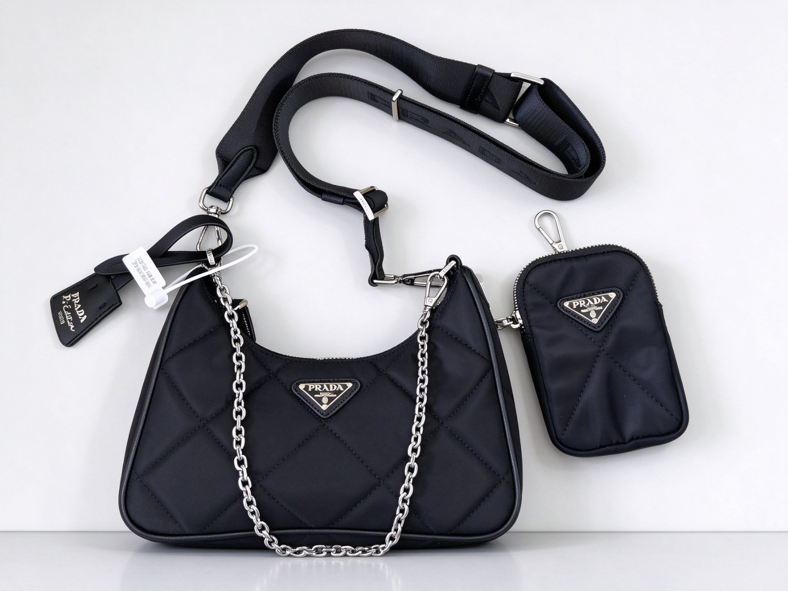 Prada Nylon Underarm Bag Crossbody Shoulder Bag 2-in-1 Black 22x11cm