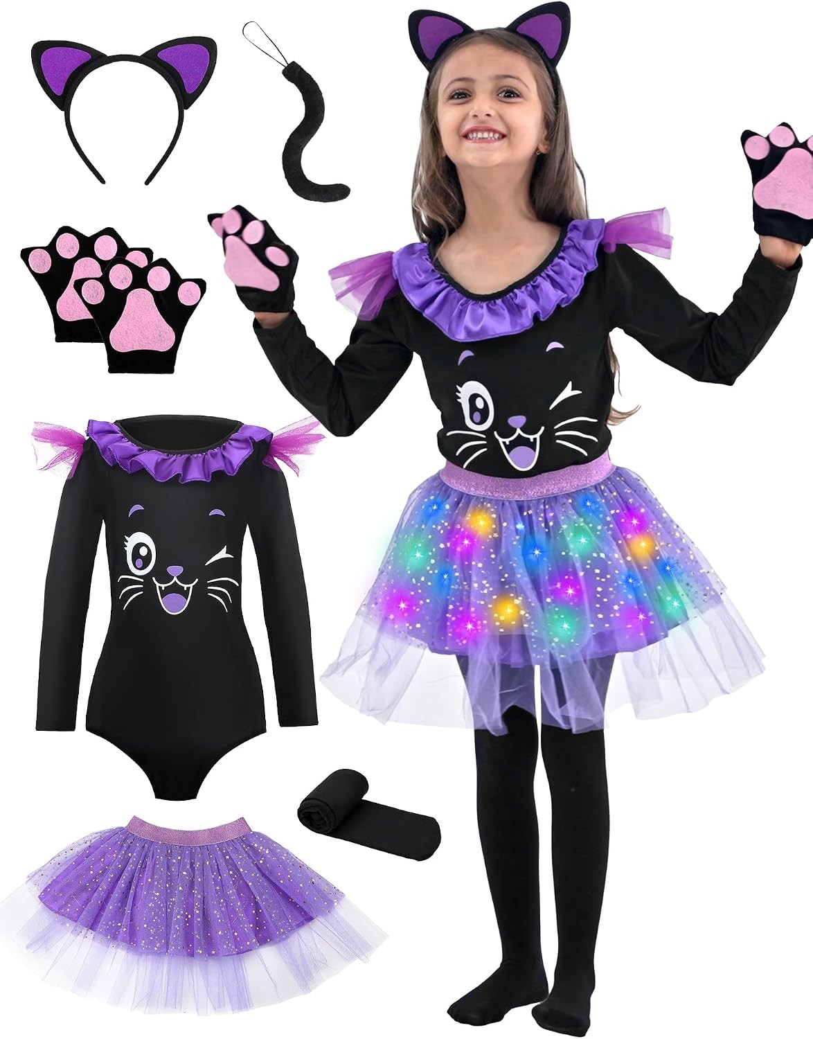 Cute Halloween Cat Costume Dress-Up Gift for Girls Light Up Skirt Cosplay Outfit