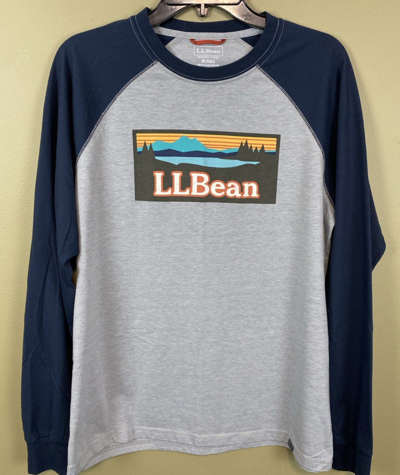 LL Bean Mens Medium Raglan Baseball Style T-Shirt Gray Blue Logo 505086