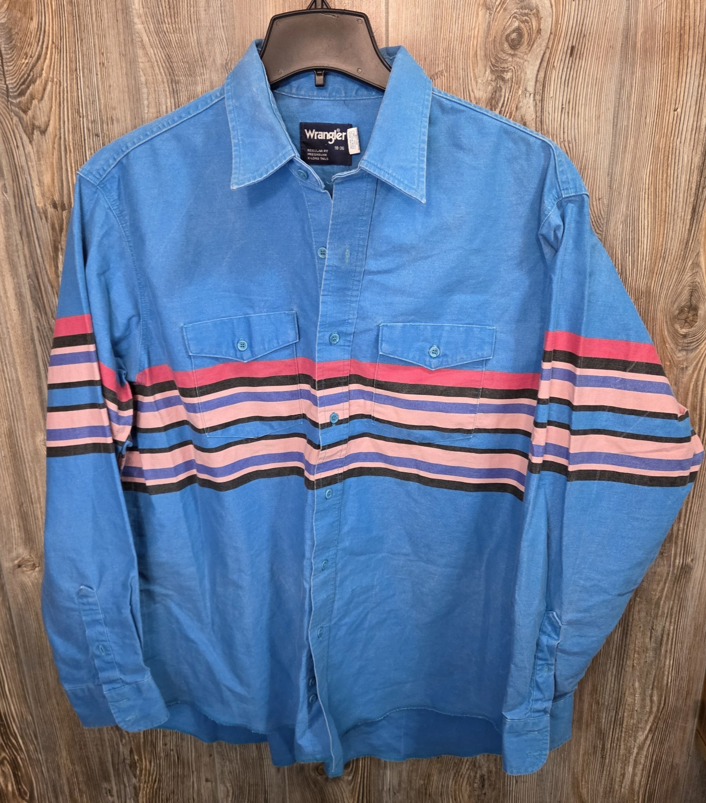 VTG Wrangler Western Button Shirt Size 18/36 X-Long Tails Brushpopper USA Made