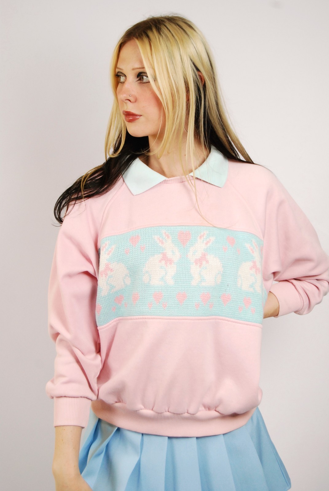 80s Bunny Sweatshirt (L) large pink blue vintage womens cottagecore cute preppy