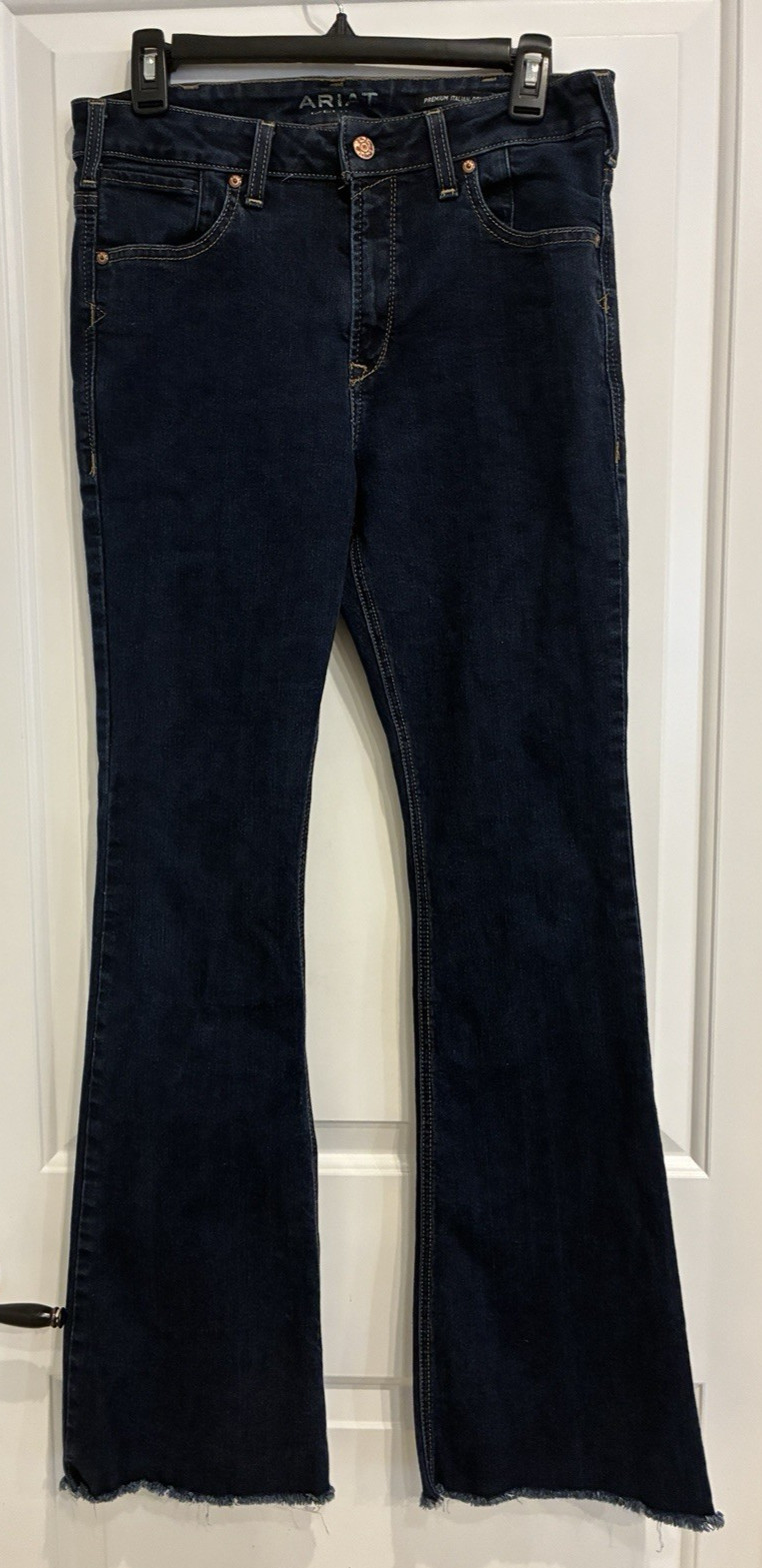 Ariat Premium High Rise Flare Jeans Womens 30R Blue Dark Wash Raw Hem