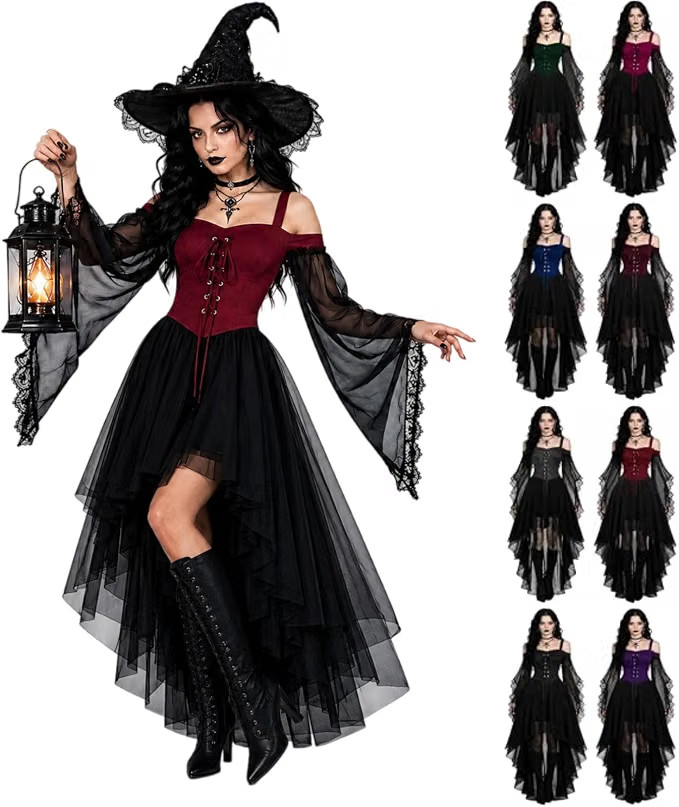 Small Women\'s Gothic Halloween Witch Dress Split Bell Sleeve Vampire Renaissance