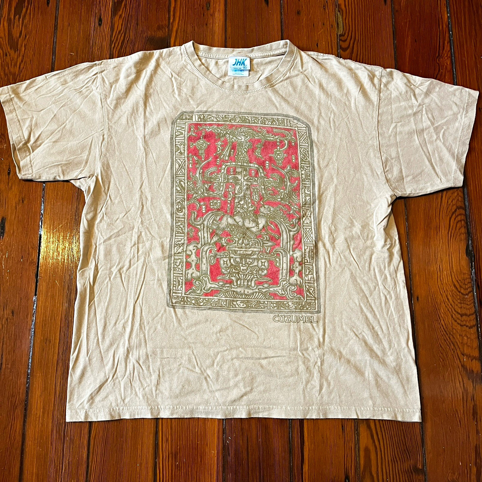 JHK vintage men’s XL Beige Graphic Crew Neck Cotton Tee Aztec/Mayan Cozumel