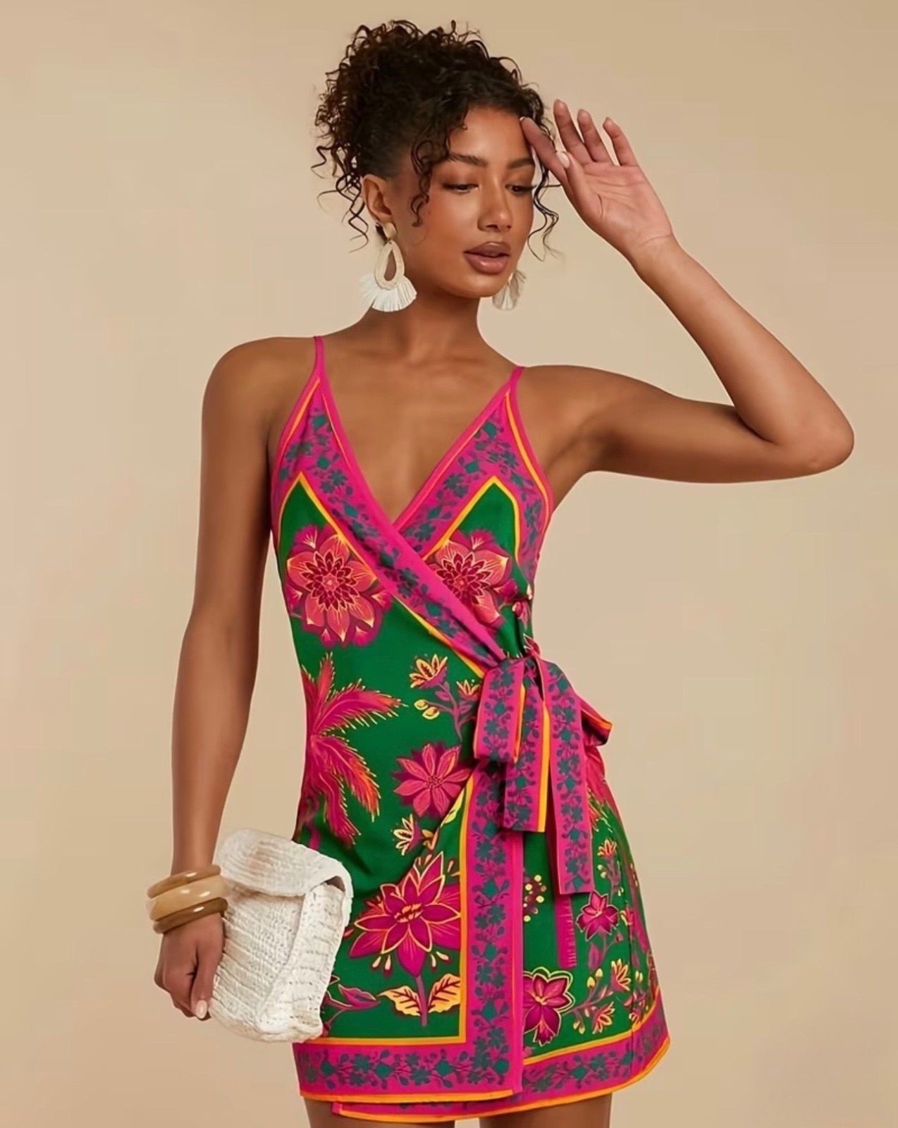 Women's floral print wrap-front vacation slip dress NEW