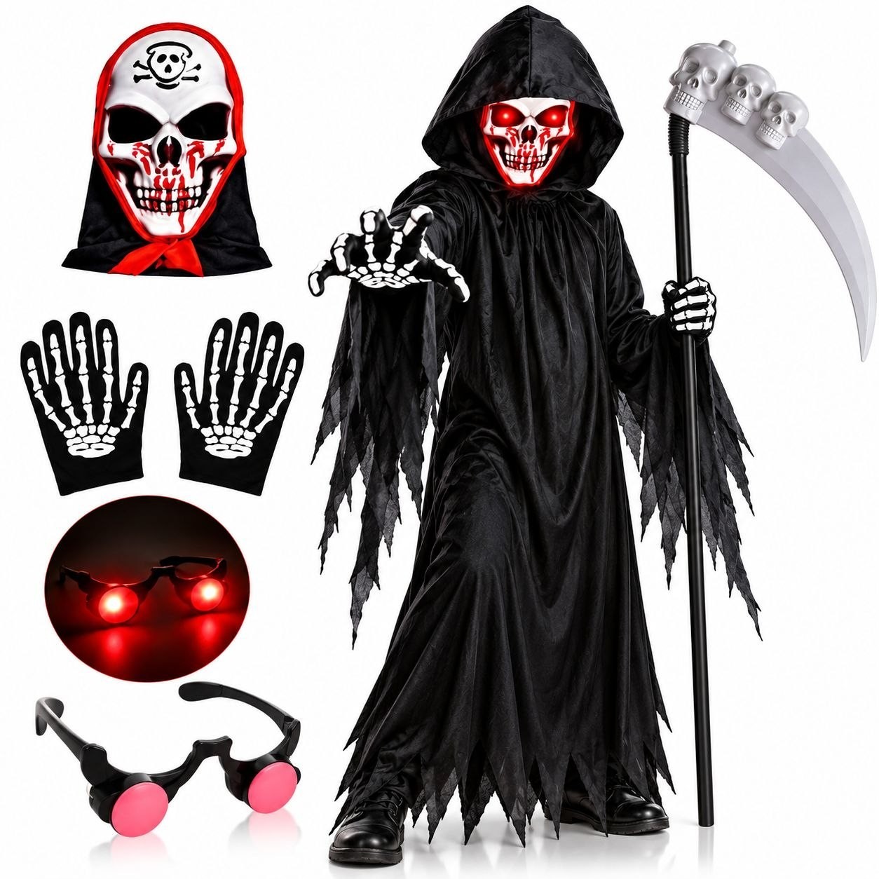 Kids Grim Reaper Halloween Costume Red Glowing Eyes Hooded Robe Scythe Light Up 