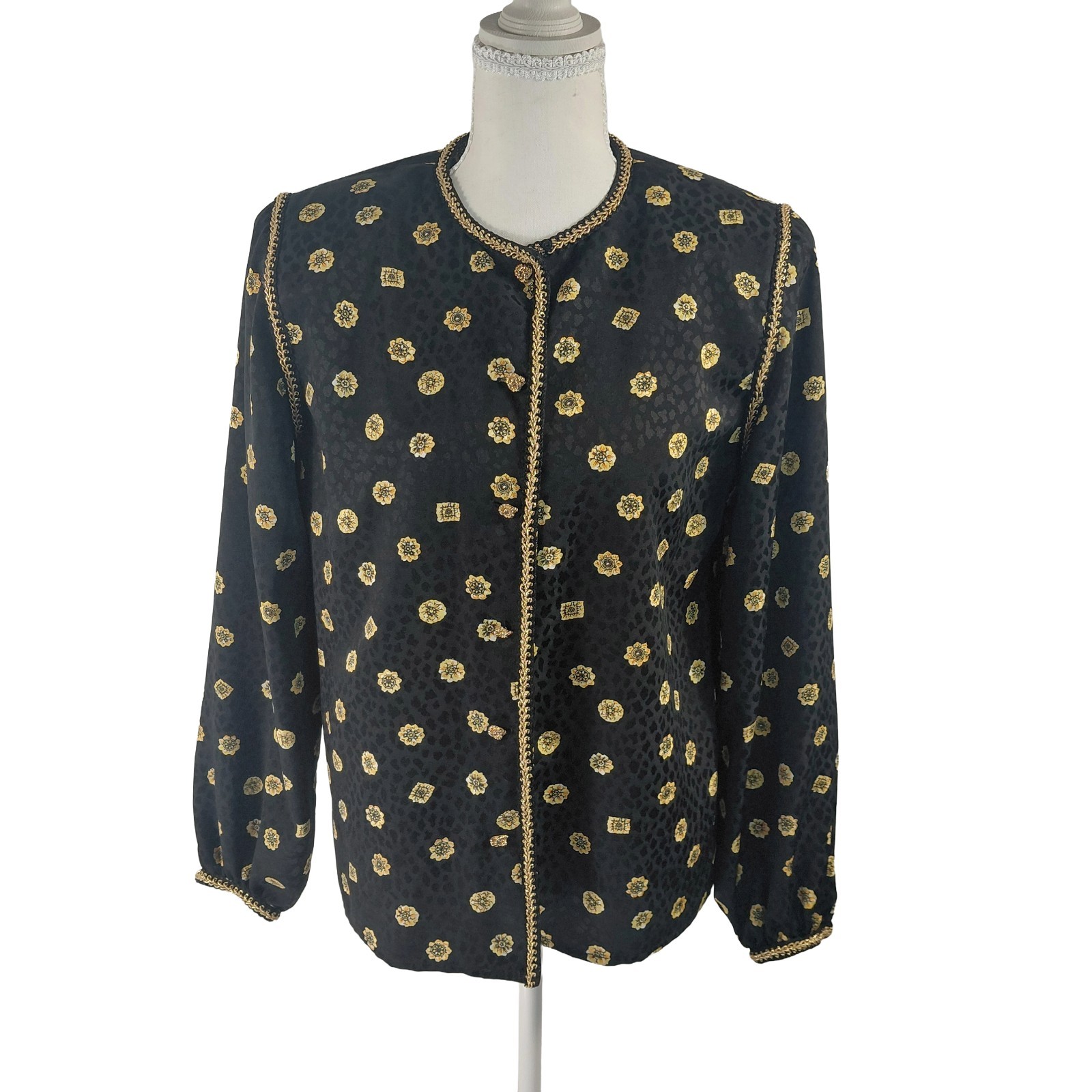 VTG Maggy London Brocade Blouse 4 Black Gold Jacquard Fleur-de-lis Coquette...