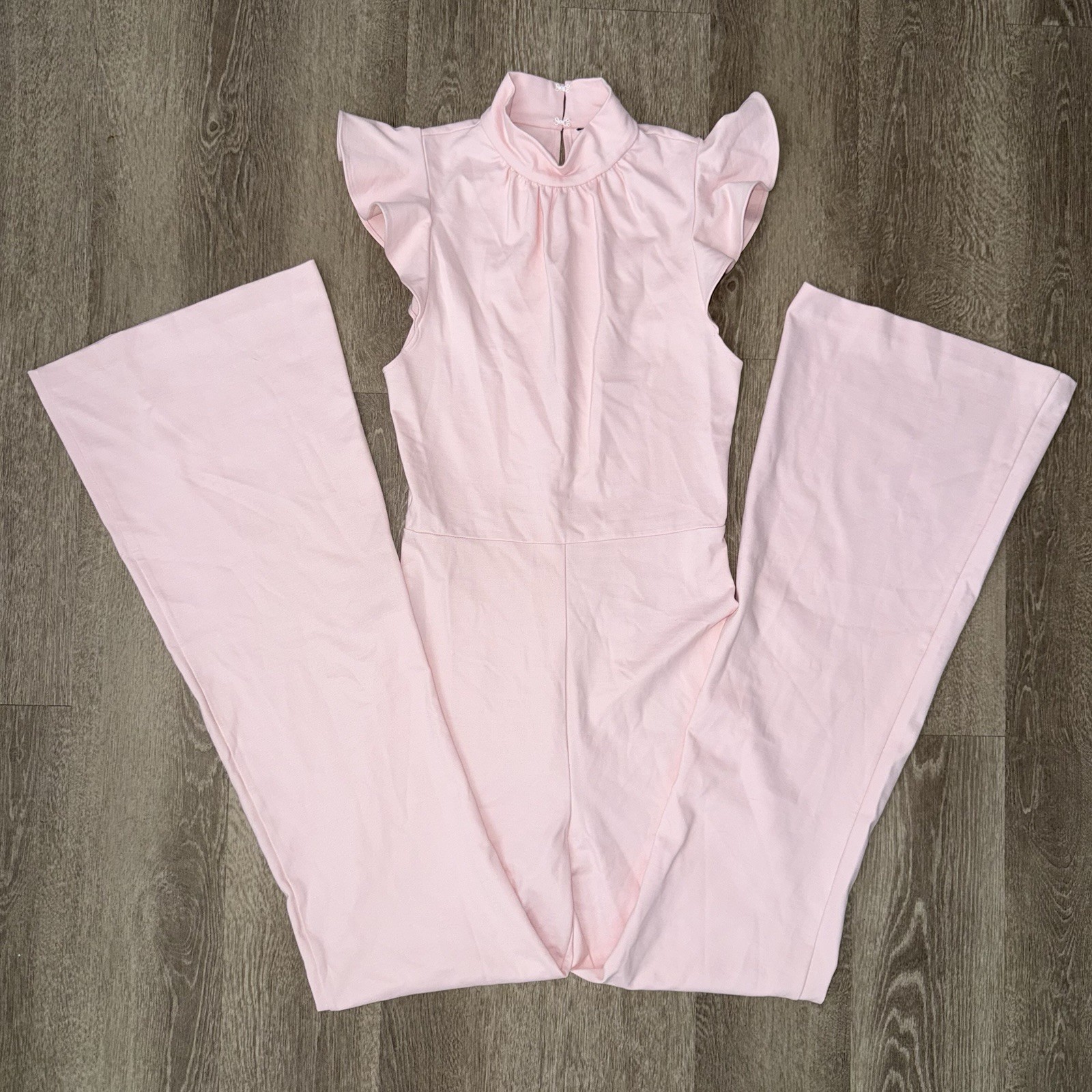 Amanda Uprichard Davina Jumpsuit Blush Pink Size Small Ruffle Wide Leg Stretch