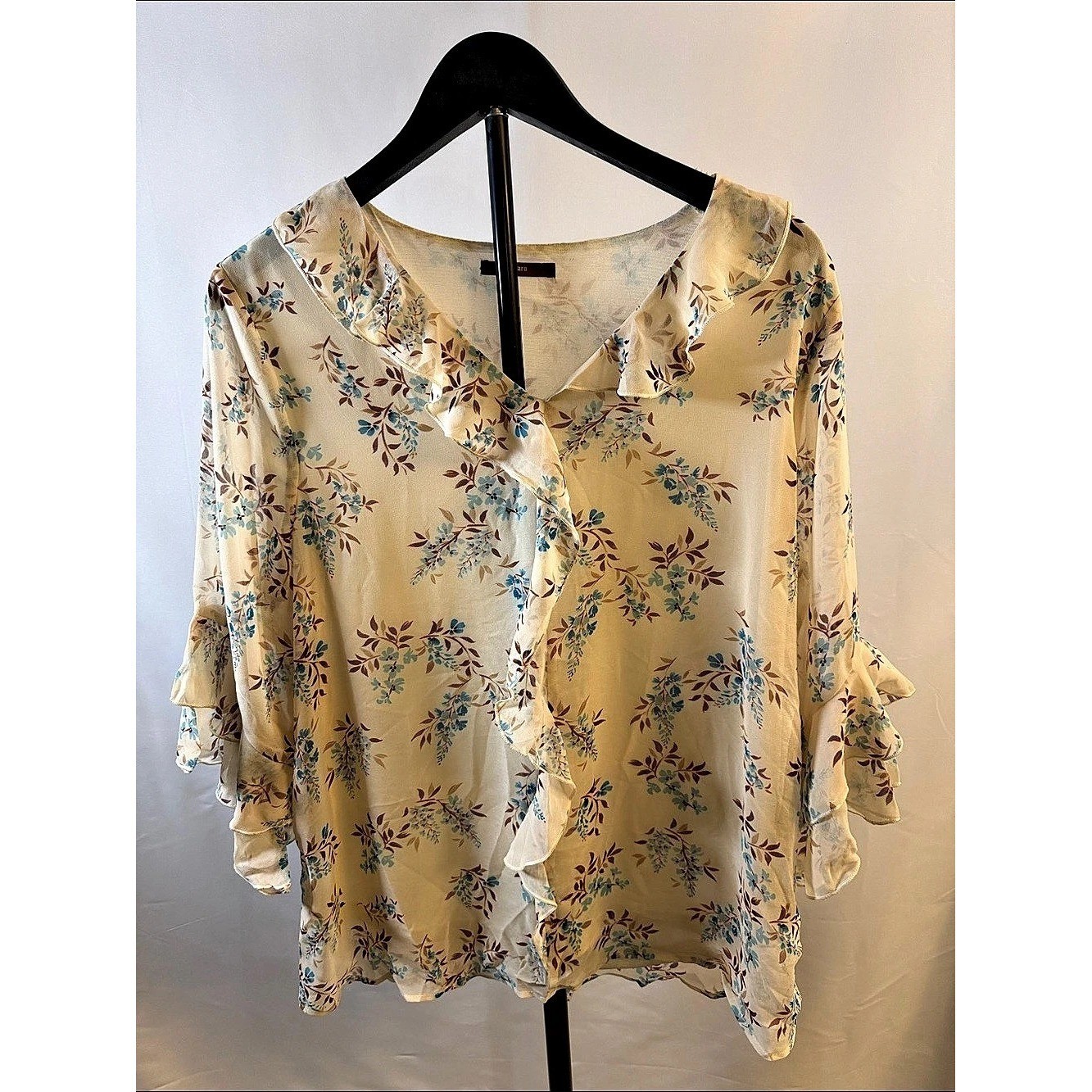 Vintage Gahar Floral Ruffle Blouse in Yellow & Blue Large