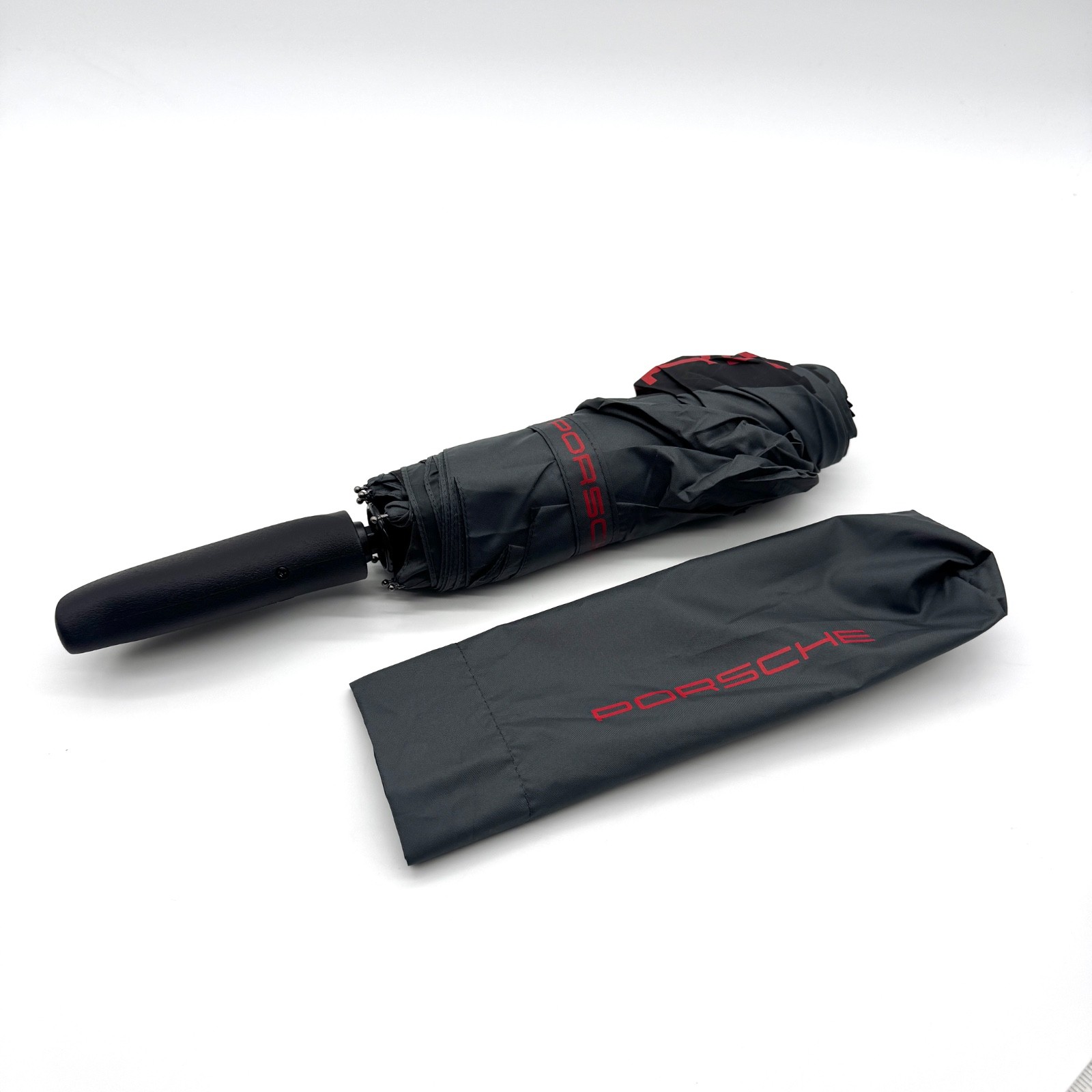 Porsche Automatic Folding Umbrella Black Red Logo Compact Travel w/ Sleeve