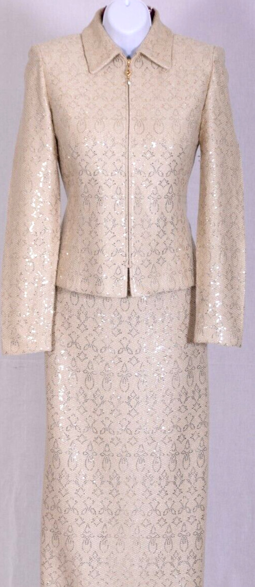 ST.JOHN Womens 3Pc. Cream Metallic Gold Shimmer Sequins Jacket Top  Skirt Sz 6-8
