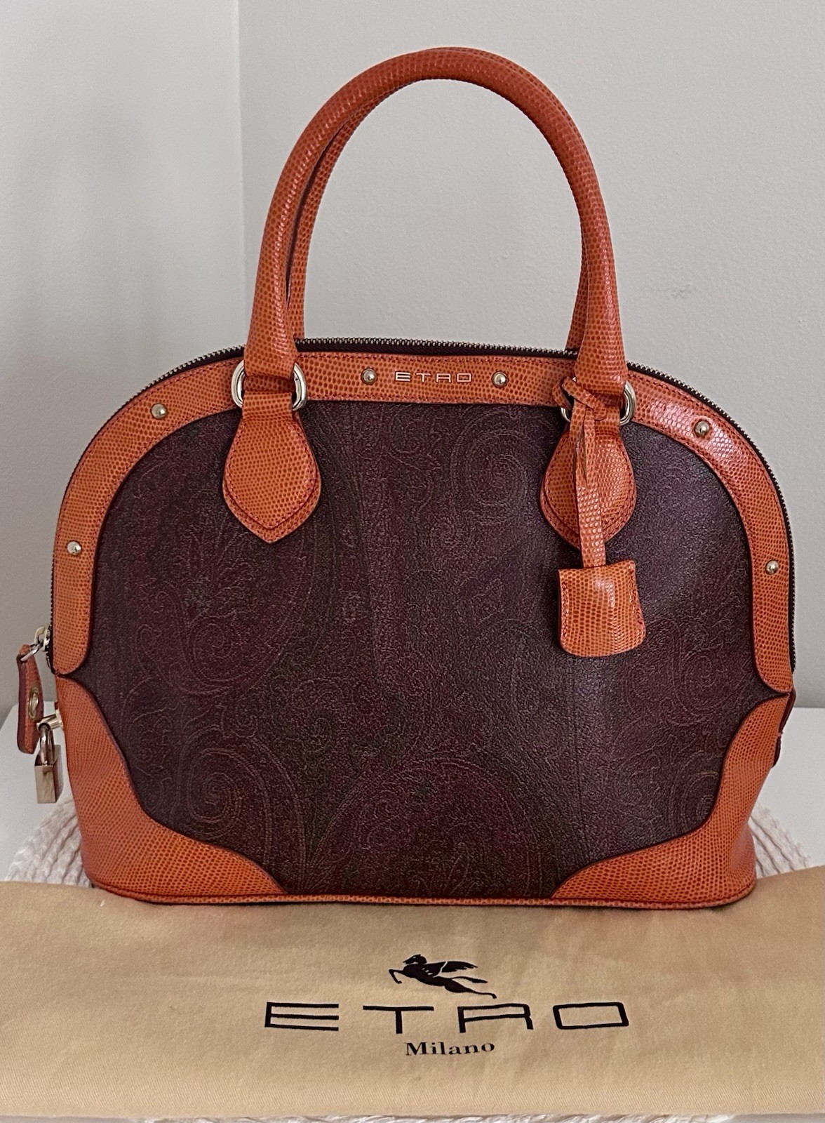 Etro Burgundy Paisley Milano Leather Alma Handbag Orange Trim Lock Key Rare Lux