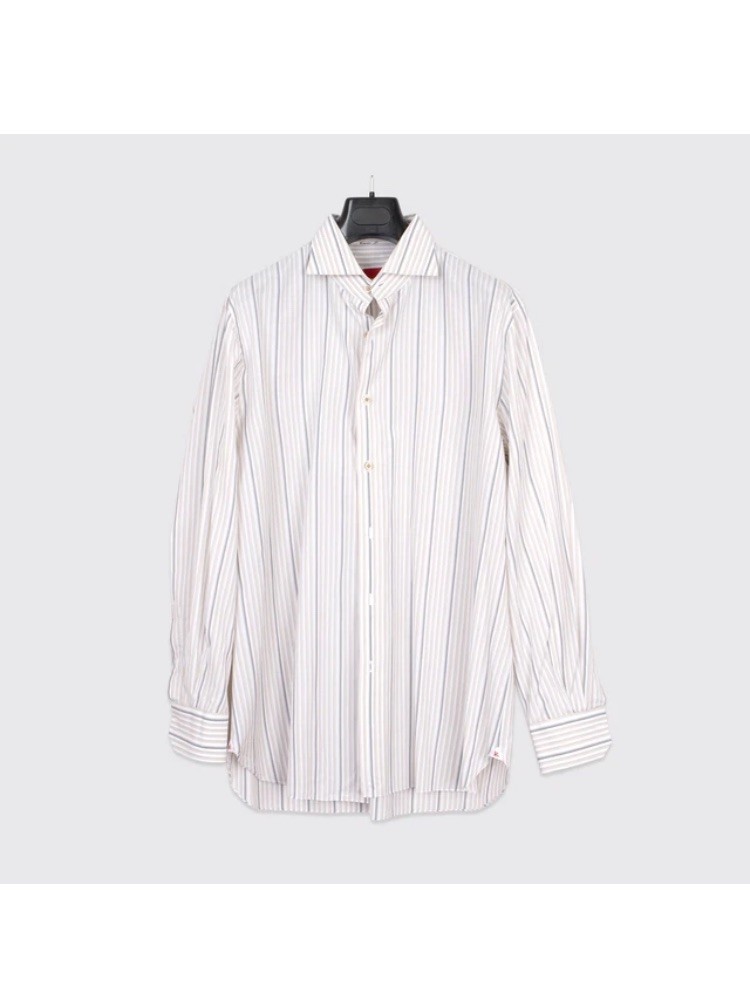 Isaia Napoli Shirt Size 17 (43 cm) Men Tan Gray Striped Cotton Made in Italy