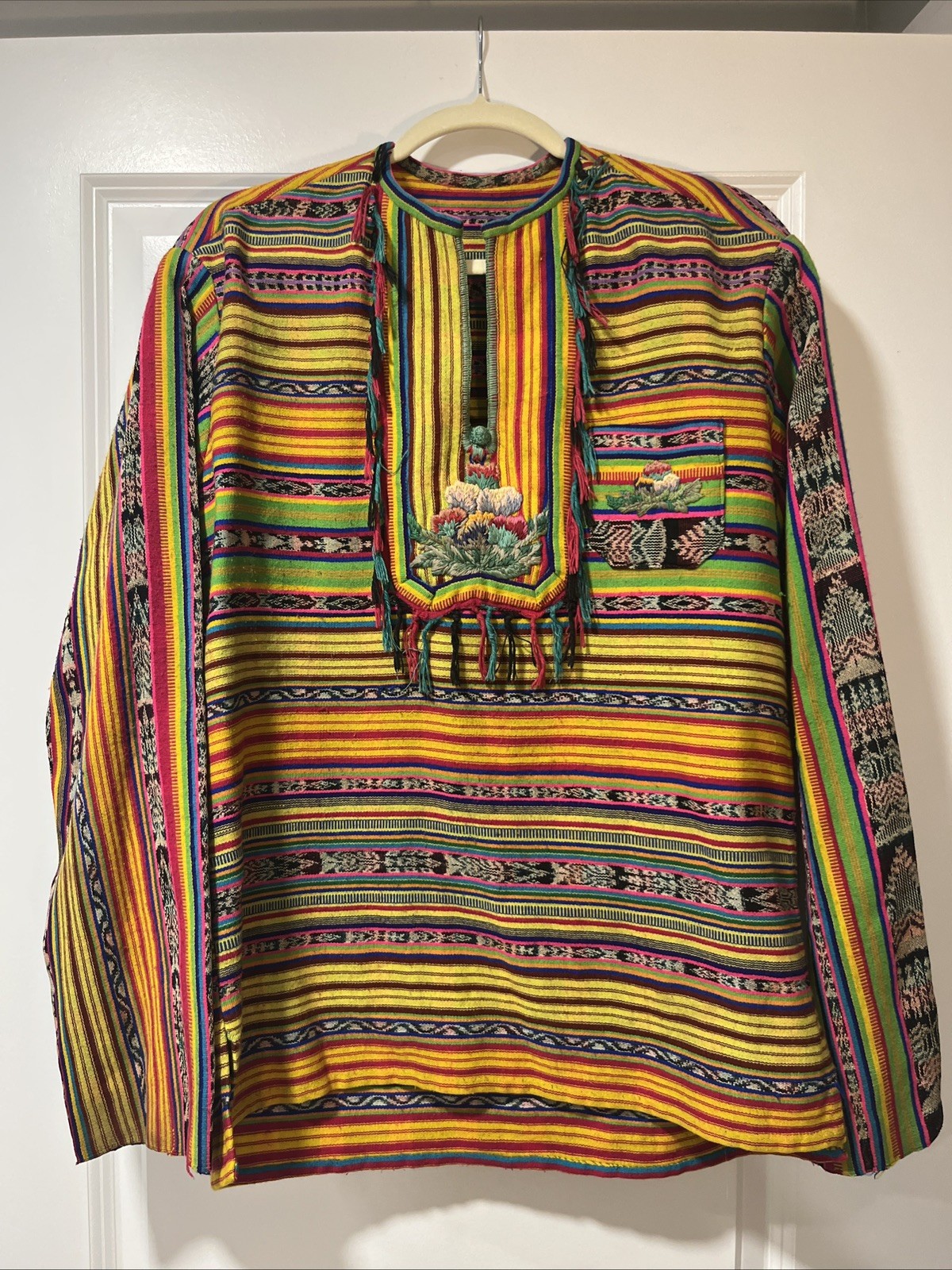 Vintage Guatemalan Huipil Top Shirt Hand Woven Embroidered Rainbow Stripe Fringe