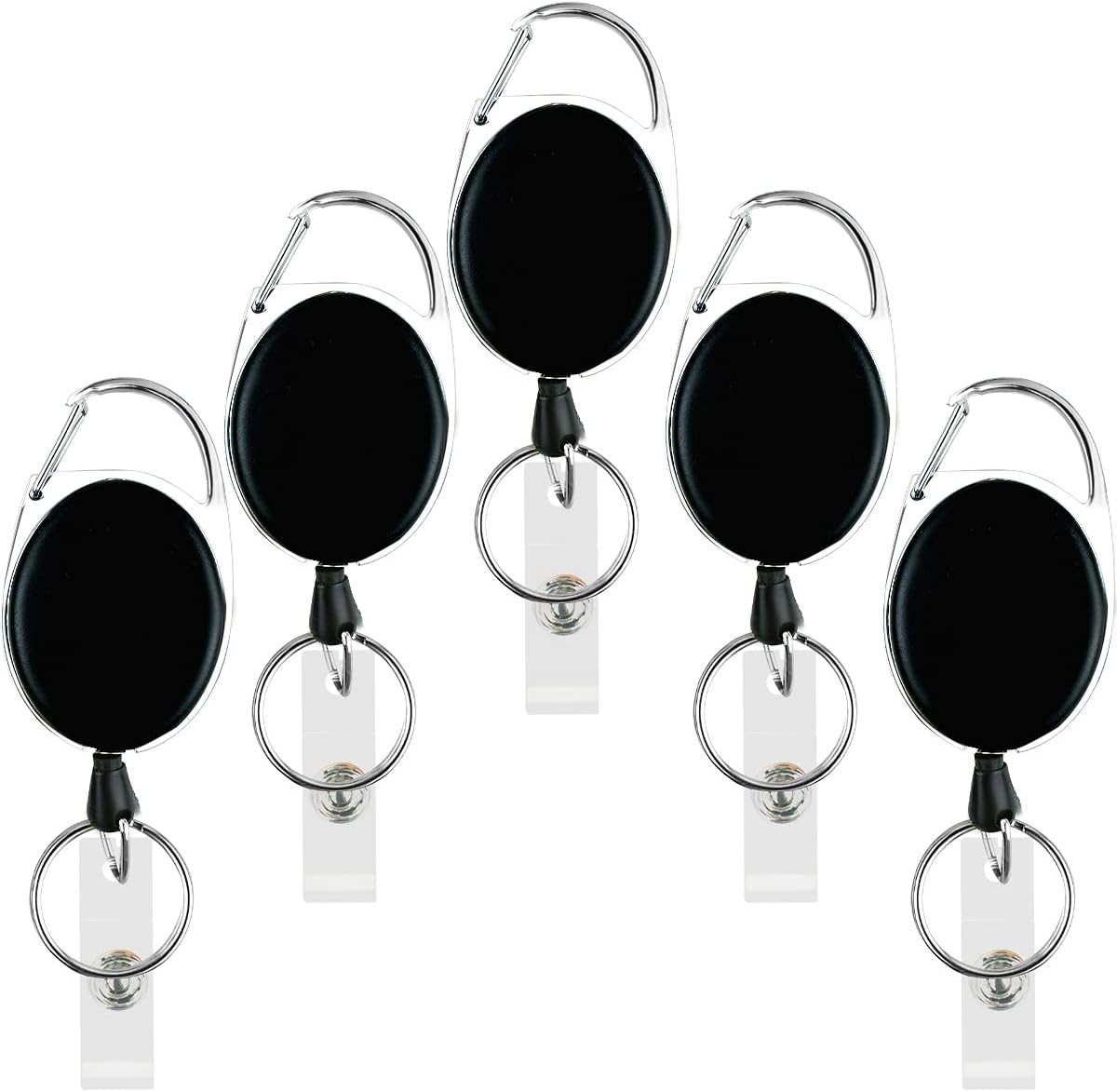 5-Pack Heavy-Duty Retractable Badge Reels ID Card Holders Clip & Key Ring Black