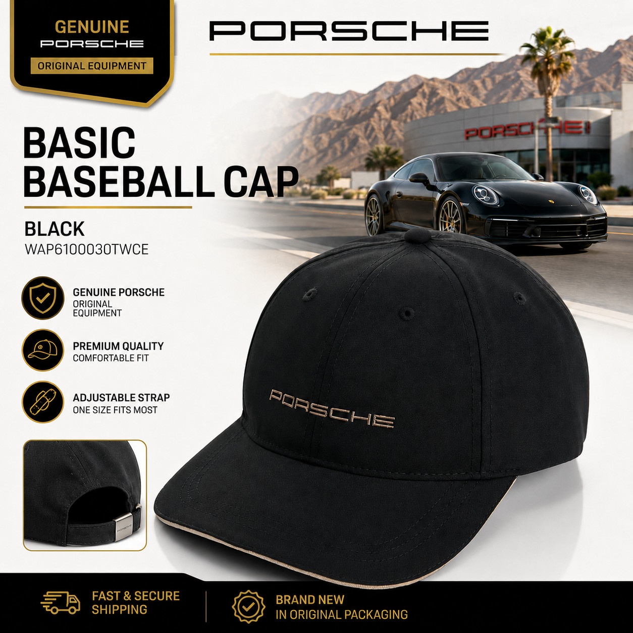 Genuine Porsche Basic Baseball Cap Black WAP6100030TWCE
