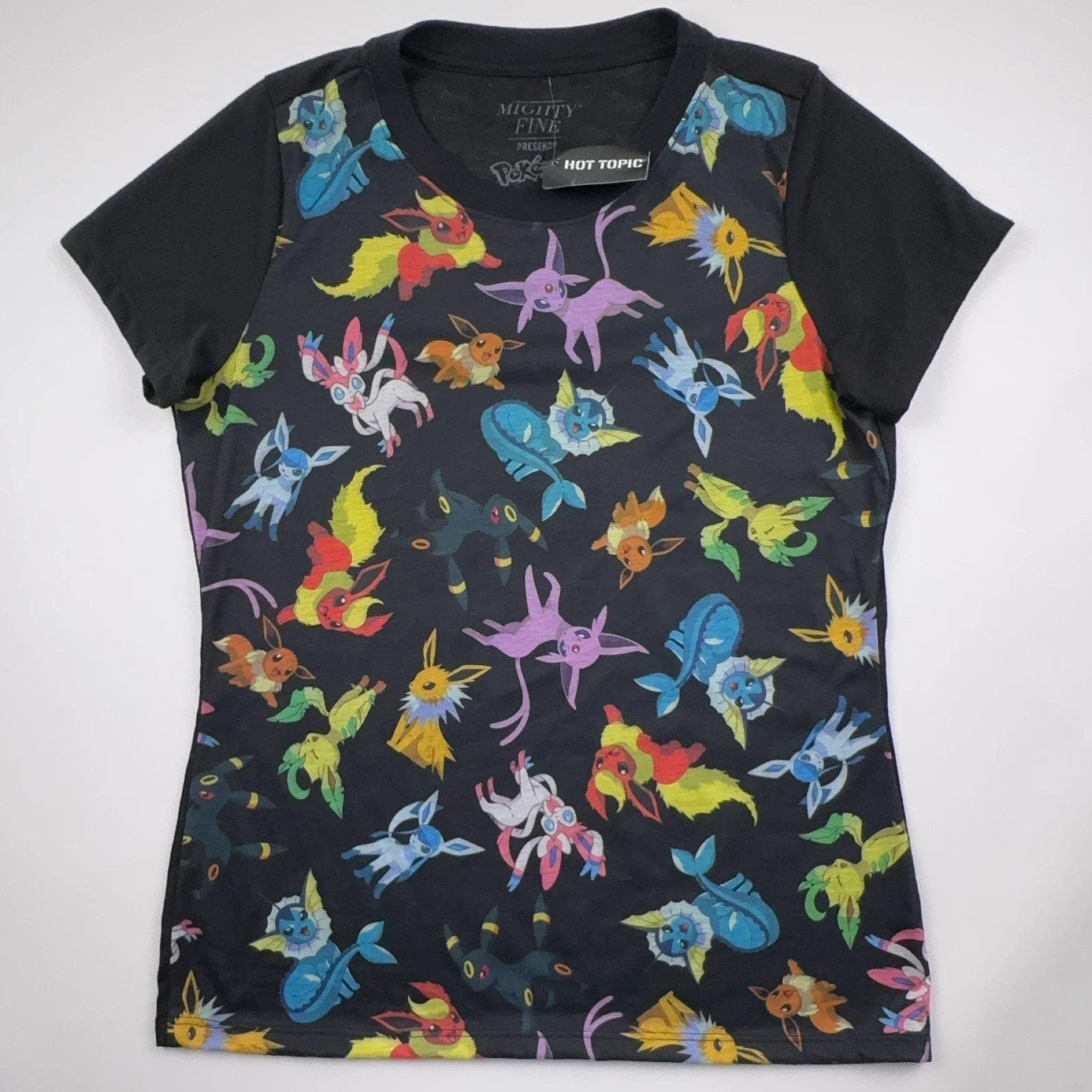 Mighty Fine Eevee Evolutions AO Tee Womens Black Large Pokemon T-Shirt NWT