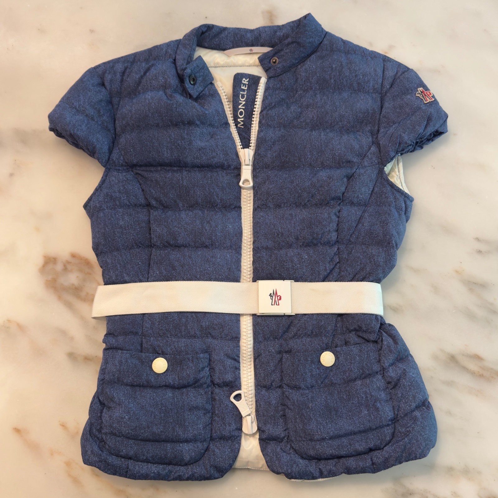 Moncler Grenoble Tondu Denim Printed Down Gilet Vest Belted + Bag Size 1 Small