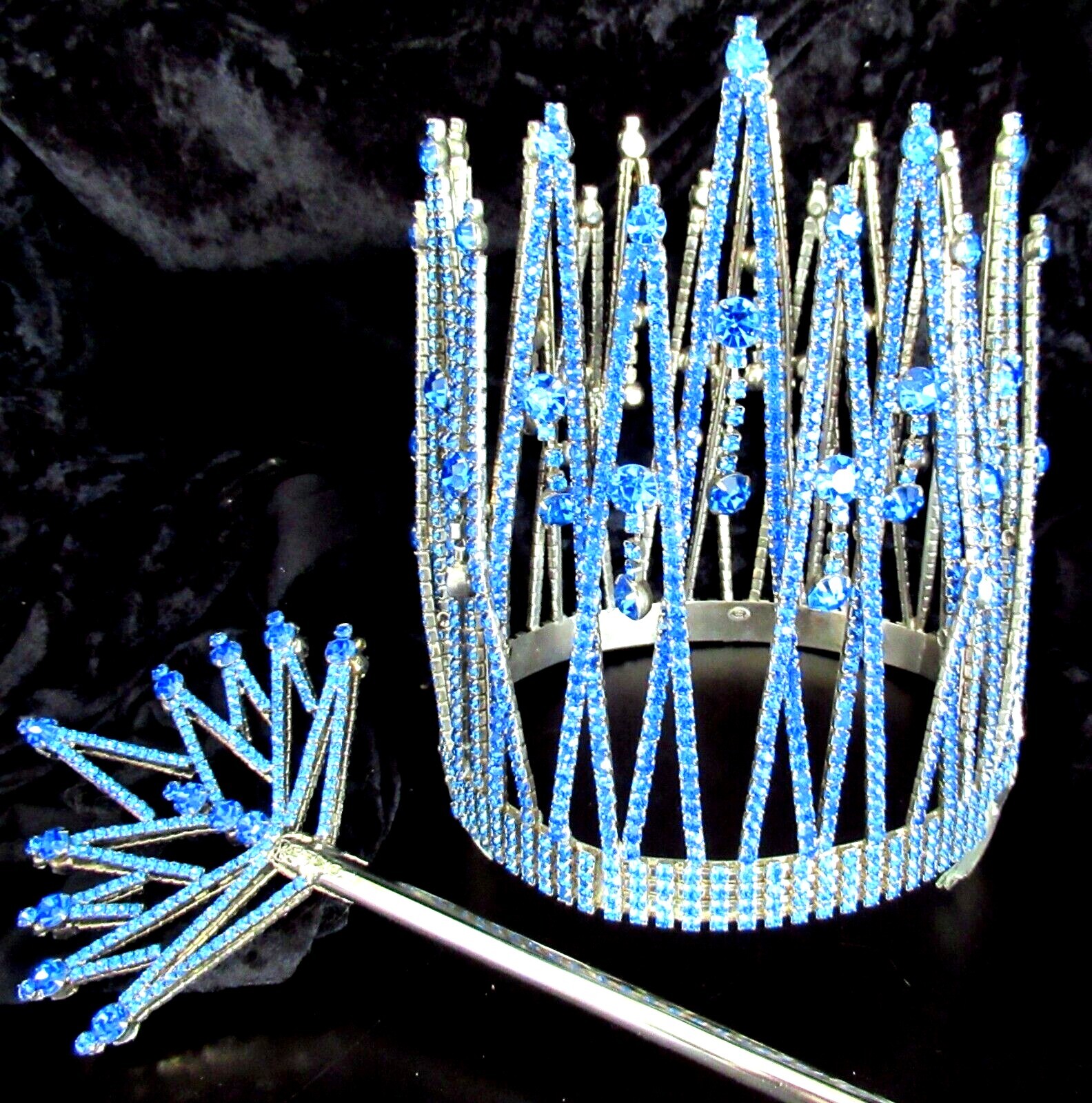 DINA USA Amazing HUGE Cobalt Blue Rhinestone Vintage Crown & Wand Set