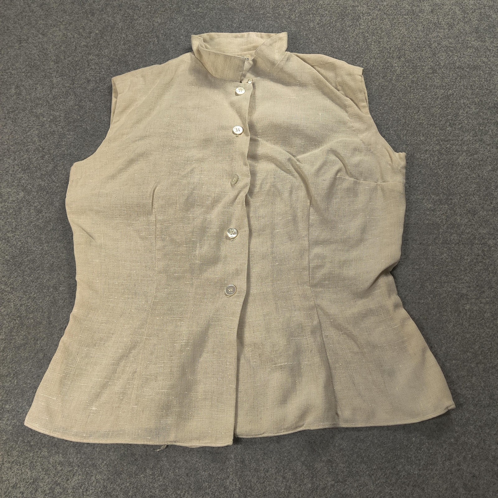 Vtg McMullen Linen Shirt Women Extra Small Beige Sleeveless Tailored 60s Retro
