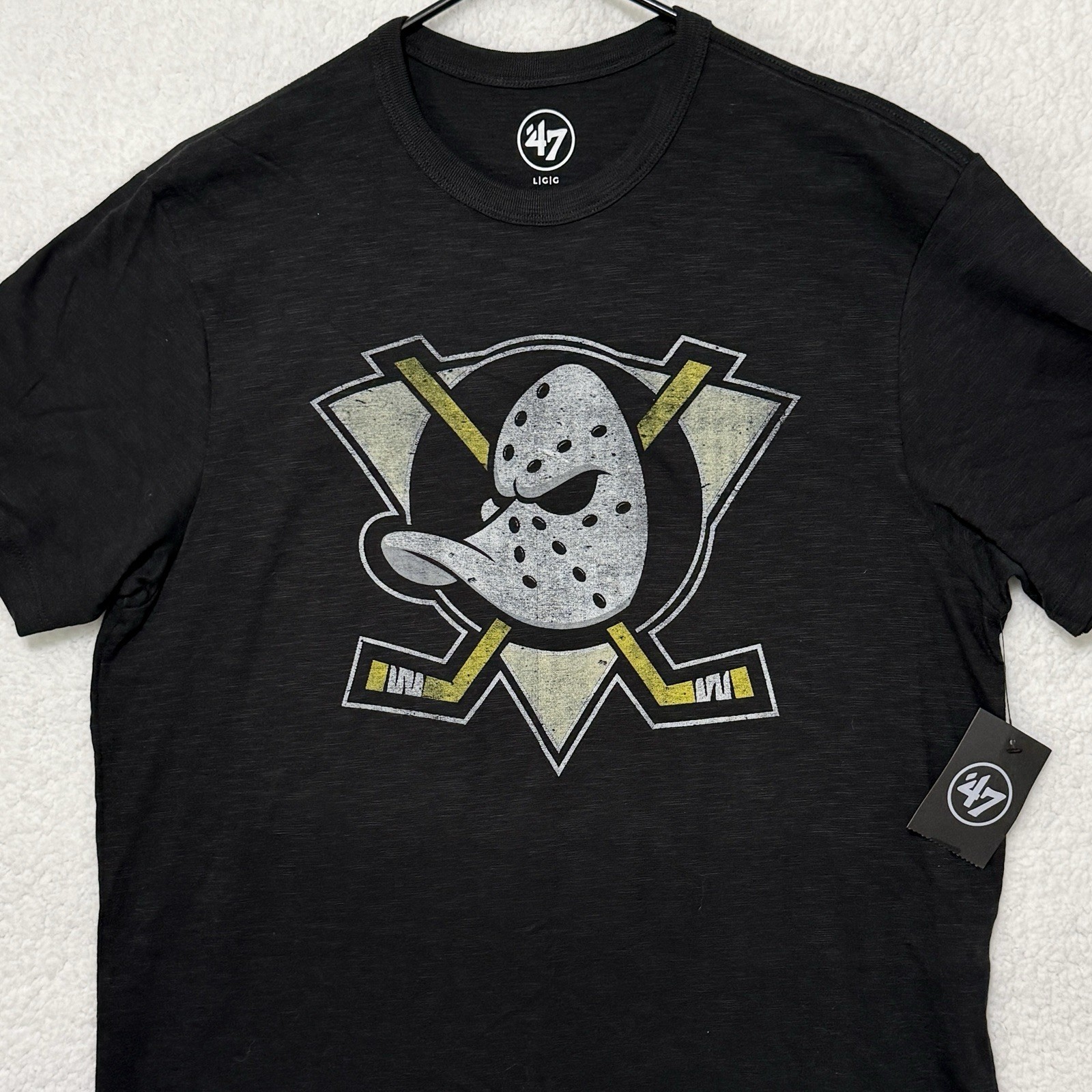 Anaheim Mighty Ducks Hockey Goalie Mask 47 Brand T-Shirt Black Mens Large New