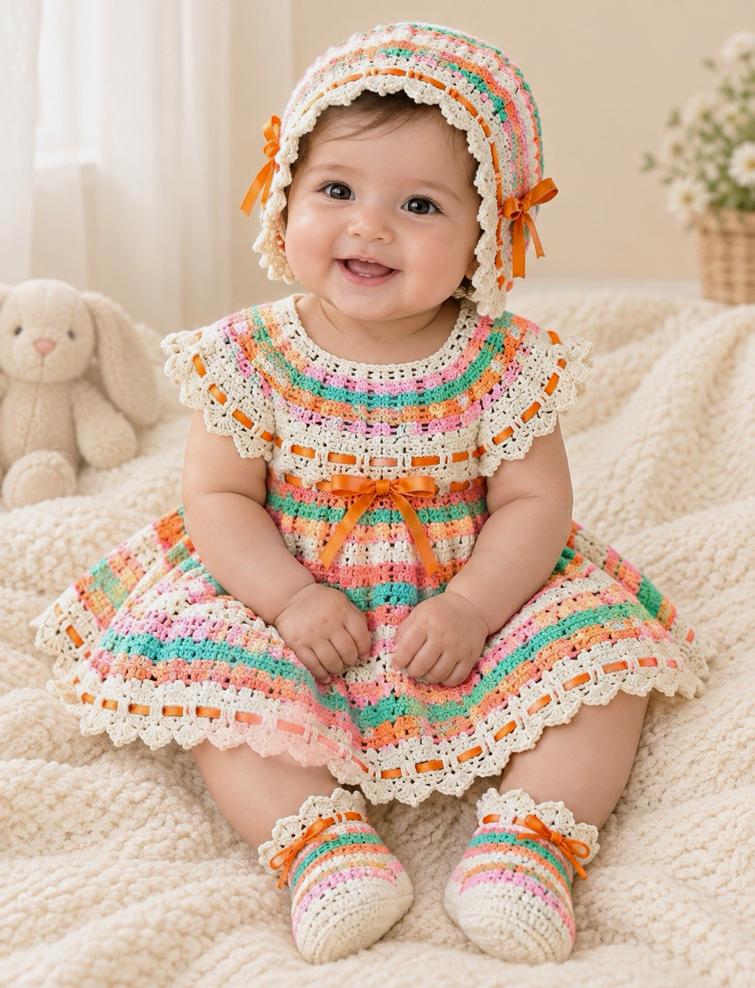Handmade Crochet Cotton Striped Baby Dress Set Hat Socks Bow Button 3pc