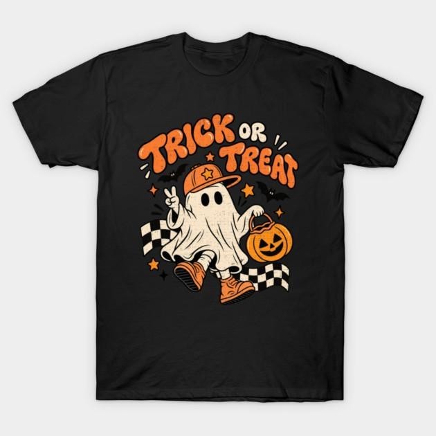 Trick Or Treat T Shirt Retro Ghost Halloween Pumpkin Graphic Tee