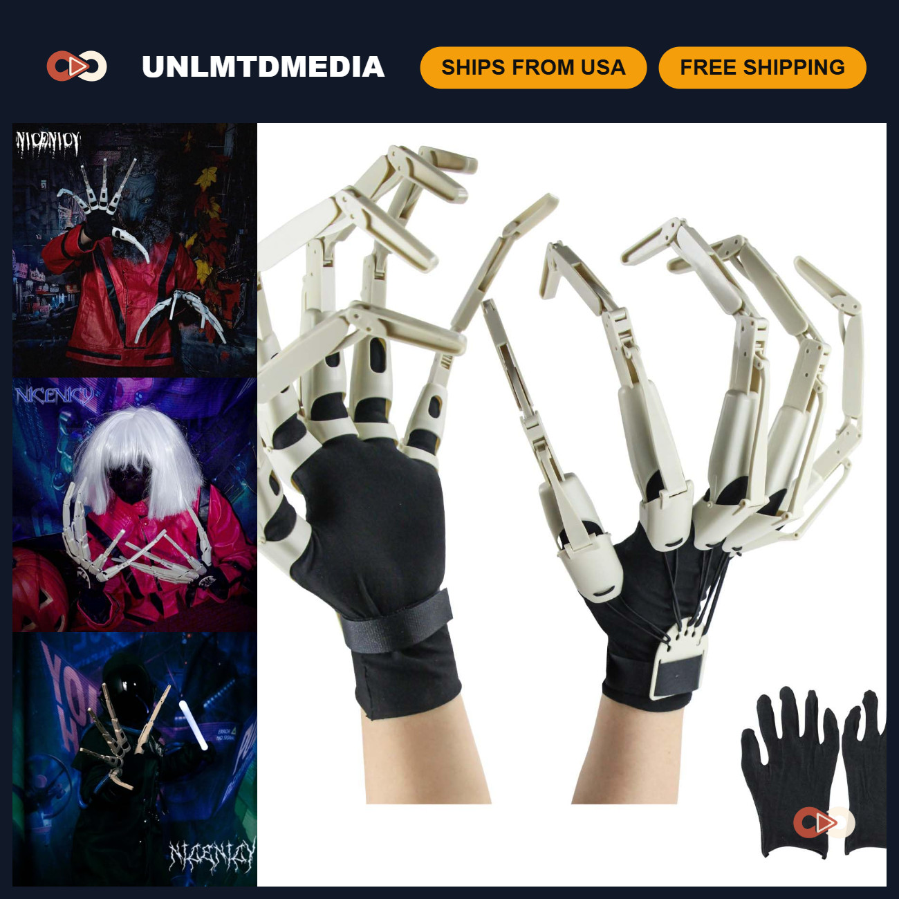 Creepy Halloween Articulated Finger Claws with Gloves - Flexible Skeleton Props