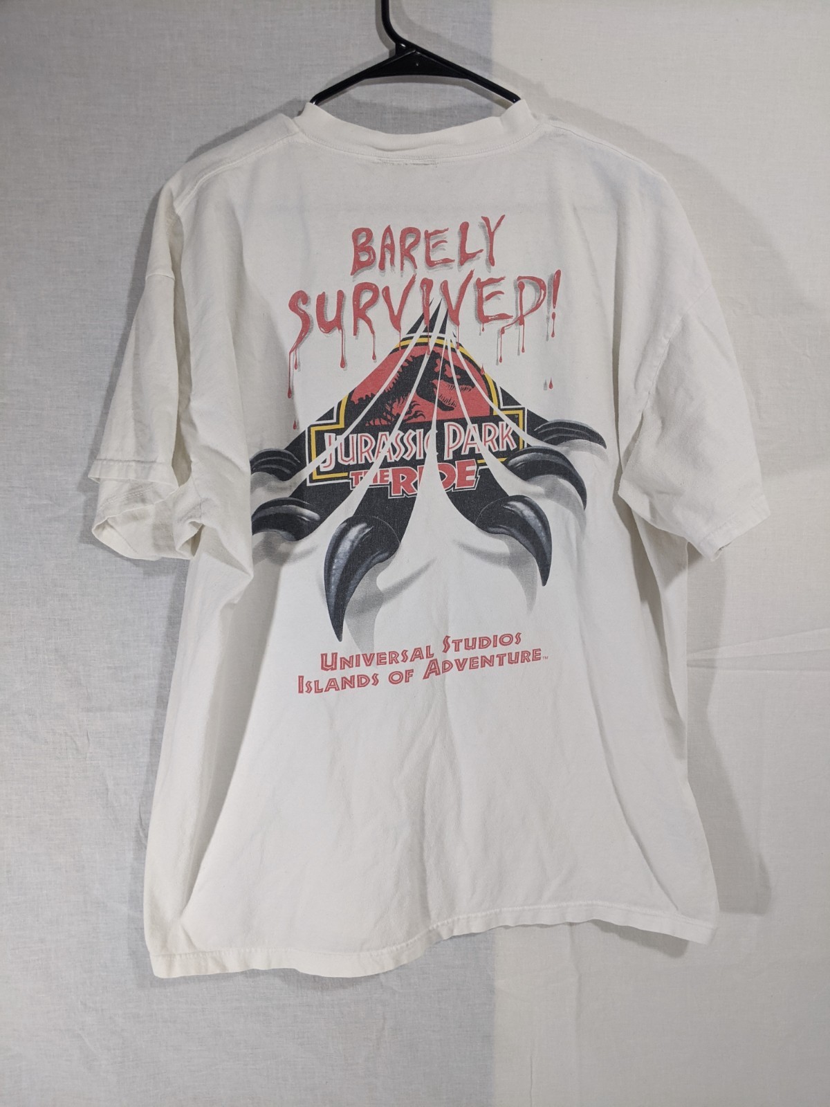 Vintage 90s Rare Jurassic Park Ride BARELY SURVIVED Universal Studios T-shirt XL