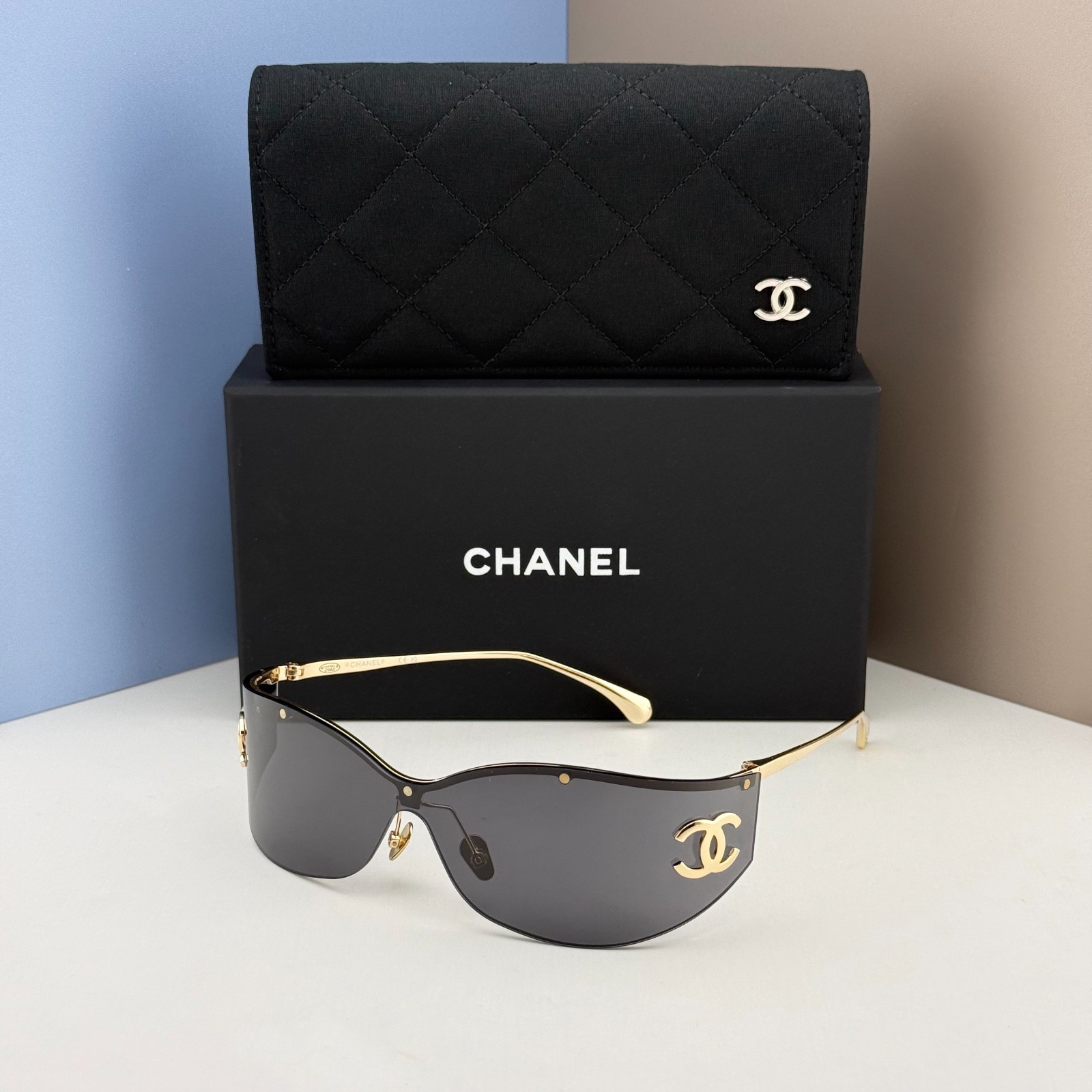 CHANEL CHA71787 Shield Sunglasses Gold Frame Black Lens CC Logo Women