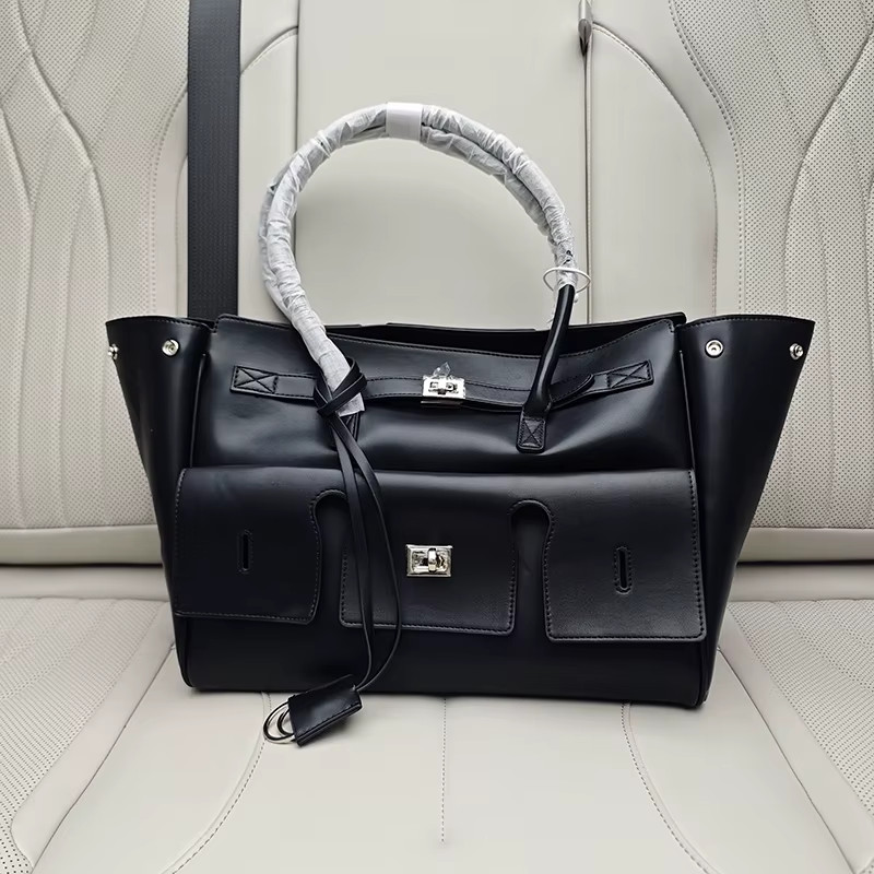 High-Quality Soft PU Leather Brand Tote Bag, Lock Design Large-Capacity Storage
