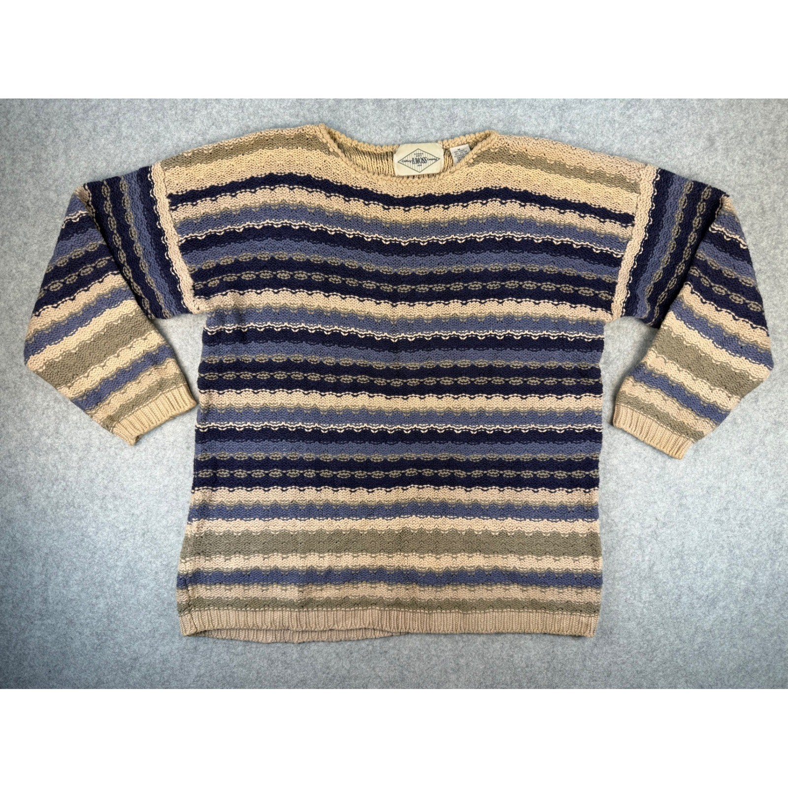 B. Moss Company Vintage Striped Knit Sweater Ramie Cotton Blue Tan Medium