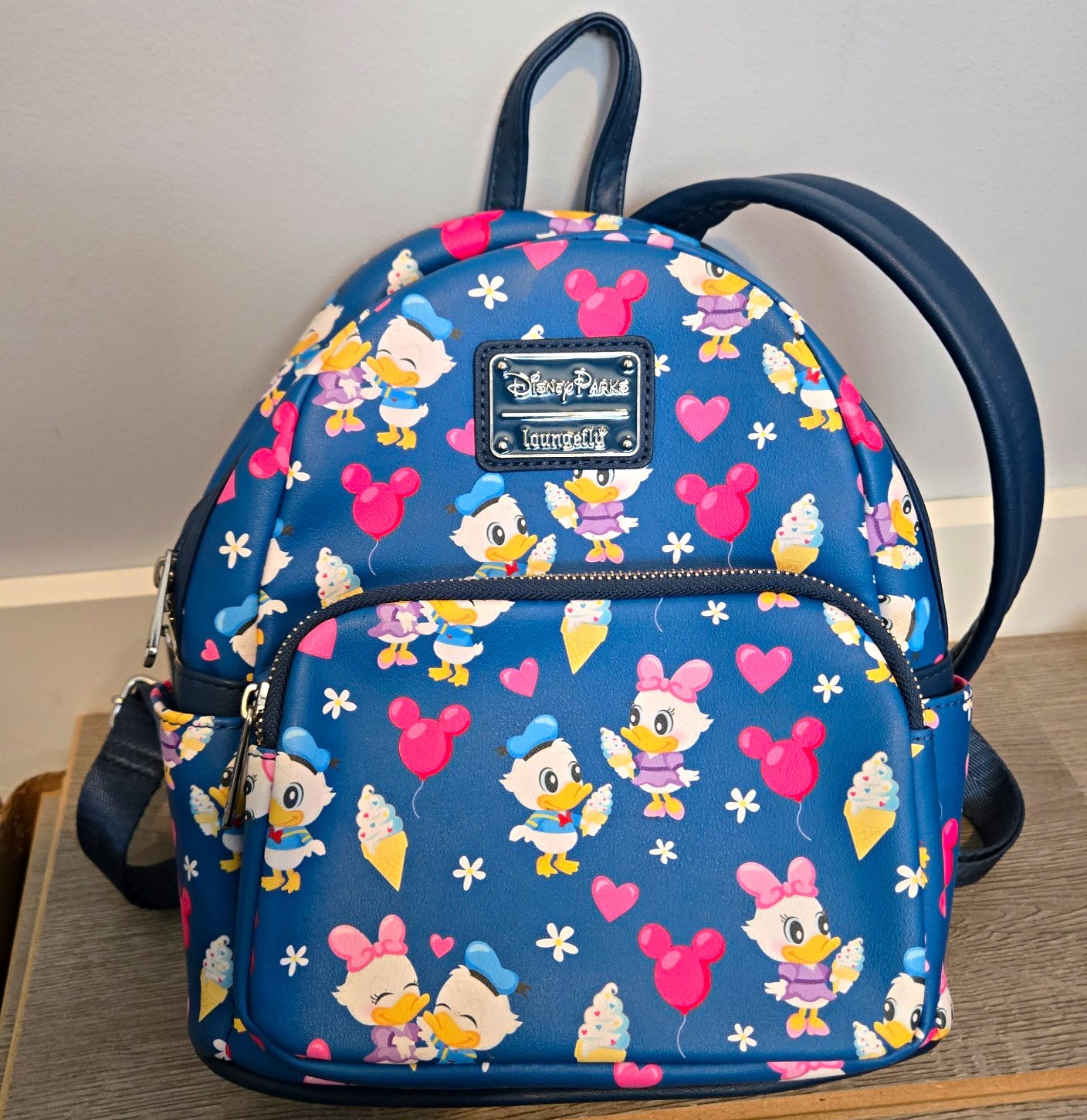 Loungefly Disney Donald & Daisy Duck Mini Backpack Faux Leather Zip Blue Pink