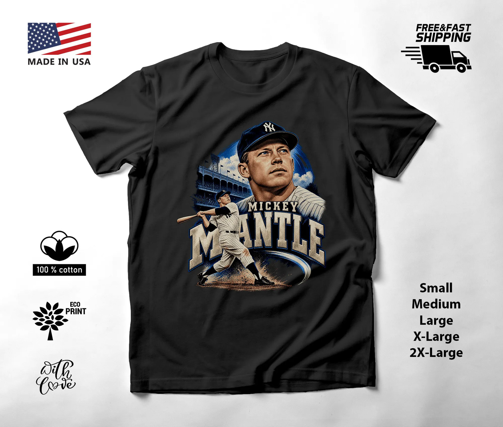 Mickey Mantle Baseball T-Shirt Pinstripe Swing Portrait Art Black