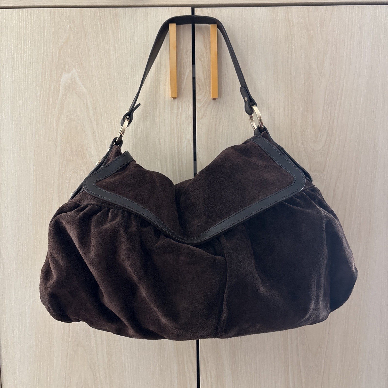 Fendi Zucca Suede Brown Authentic Vintage Large