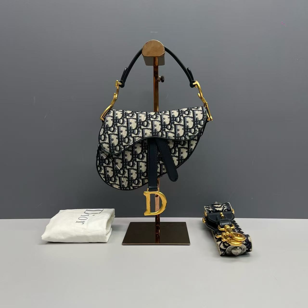 Dior Saddle Small Shoulder Bag Blue Oblique Jacquard Embroidery Gold Hardware