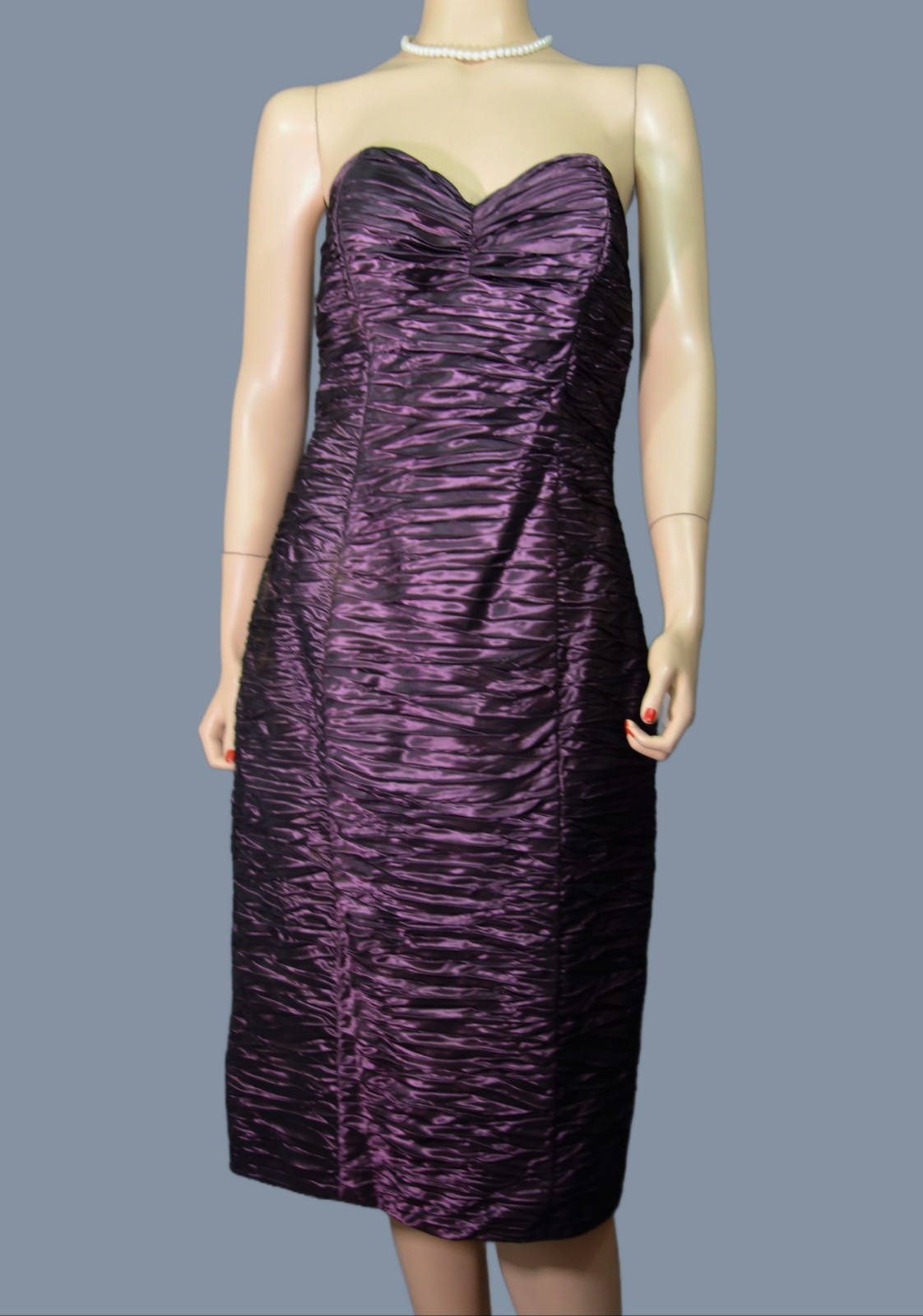B.B. COLLECTIONS~Vintage~90s~Metallic Purple Shirred Ruched Taffeta Dress 14 NEW