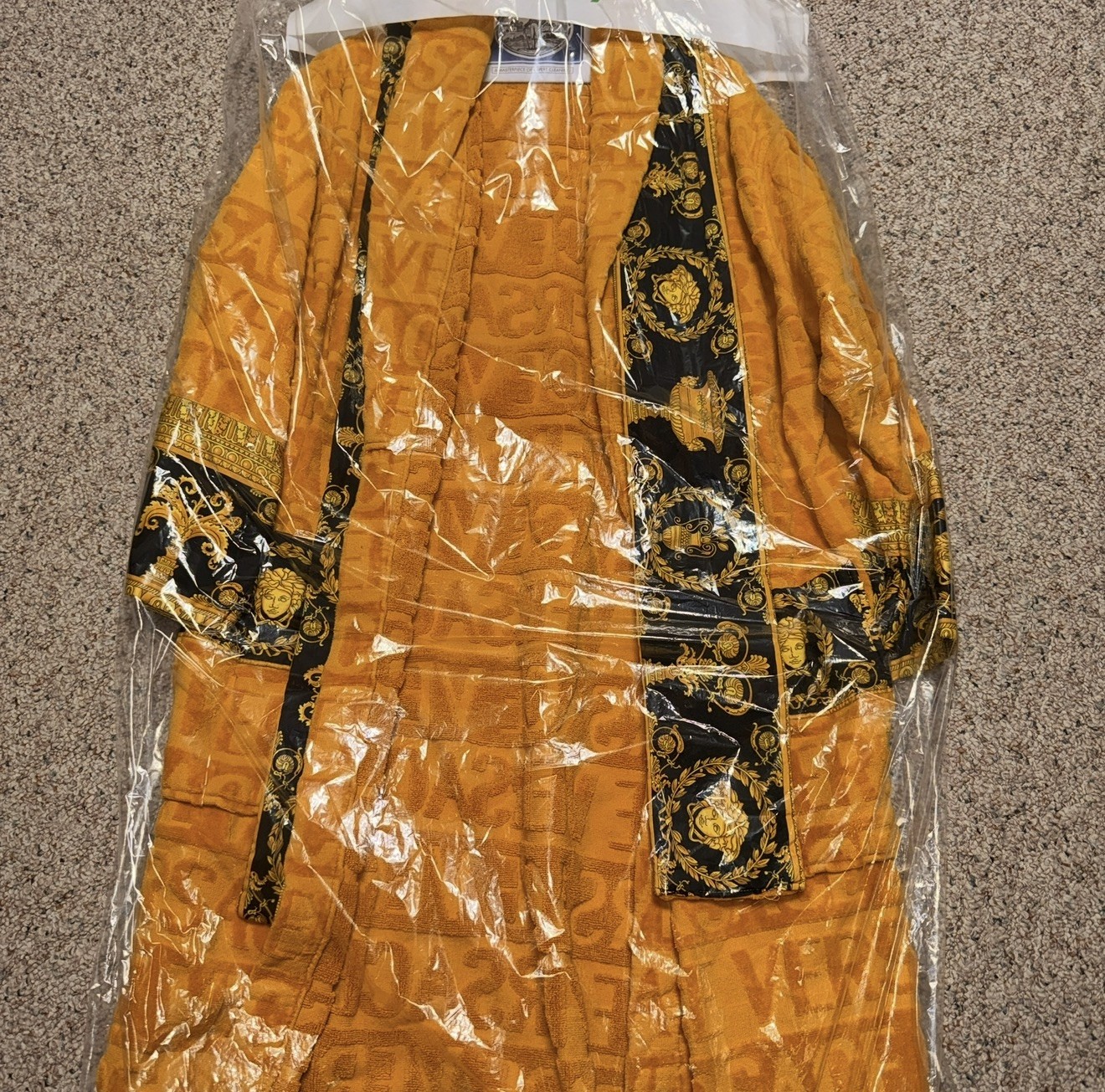 Versace Logo Baroque Bathrobe Authentic Cotton Yellow/Gold, Unisex Size Small/OS