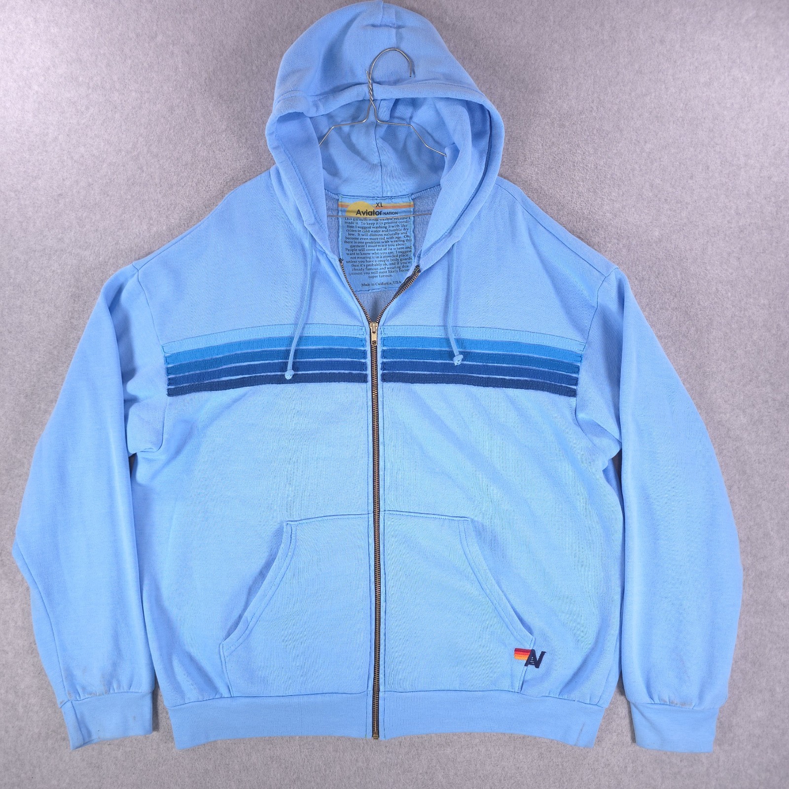 Aviator Nation Full Zip Blue Stripe Logo Soft Fleece Stretch Hoodie Mens XL