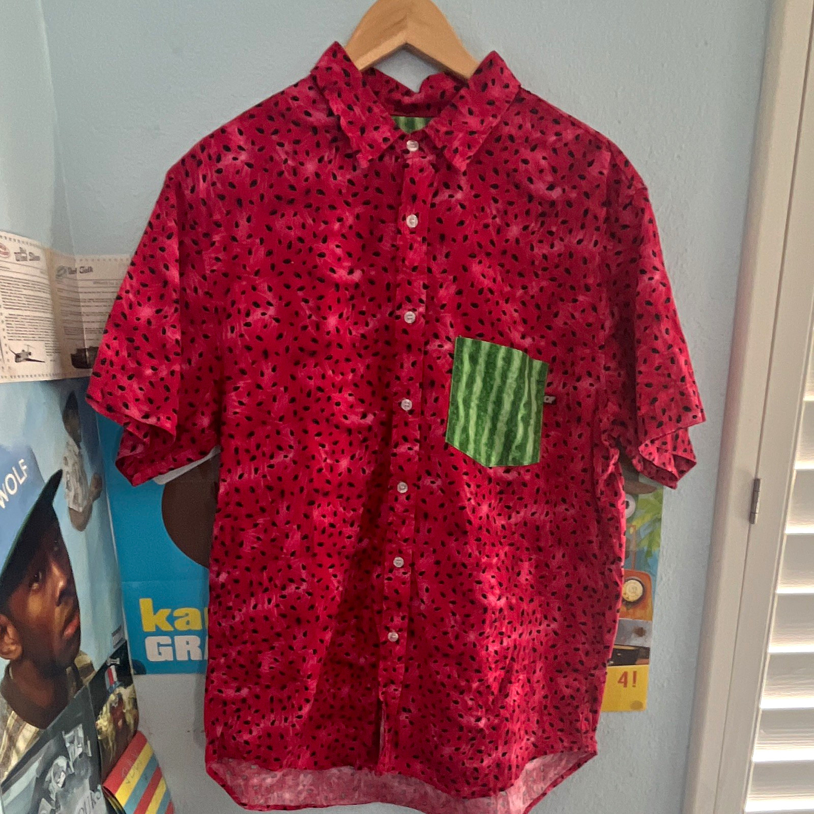 GOLF WANG Men’s XL Cotton Button-Up Shirt Red Inverted Watermelon Print Pockets
