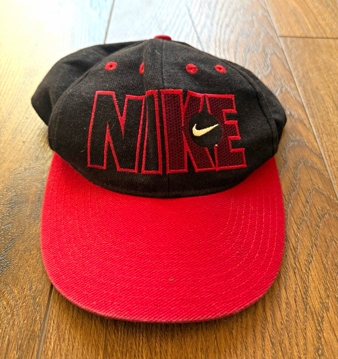 Vintage 90s Nike Youth Snapback Hat Black Red Big Logo Just Do It Swoop Strap