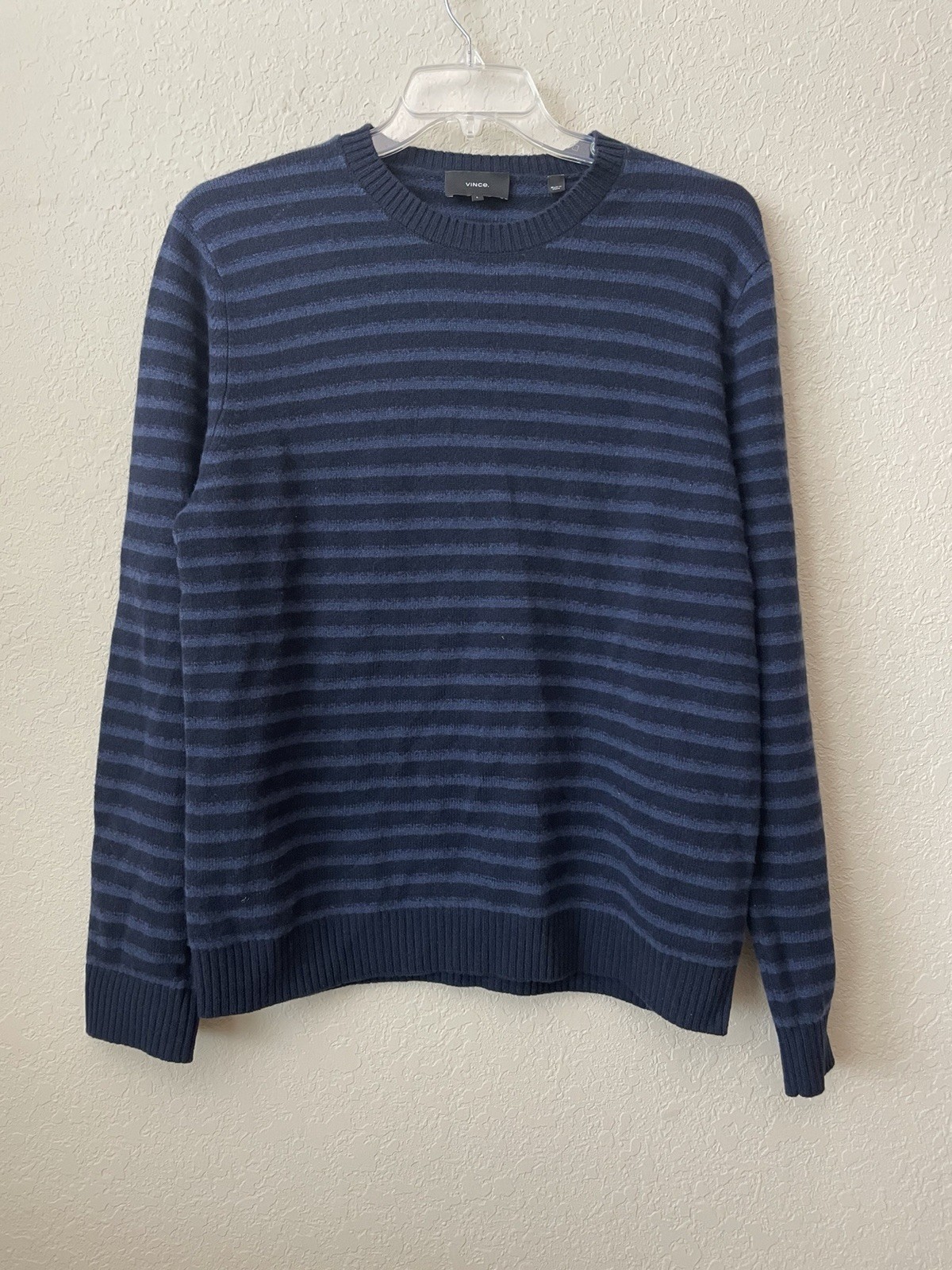 Vince Mens Large L Shadow Stripe Merino Wool Crewneck Sweater Navy Blue Pullover