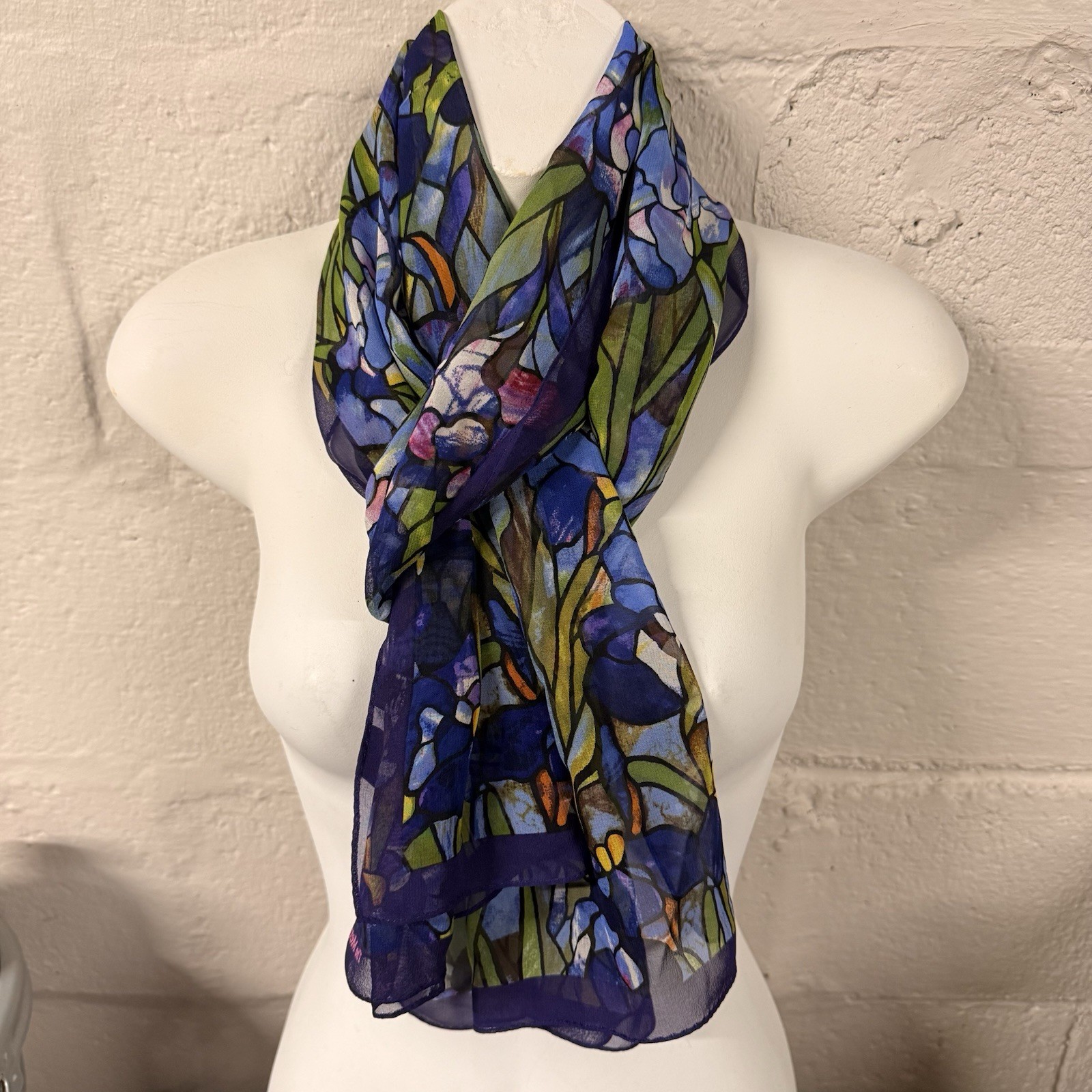 The Met 100% Silk Louis C Tiffany Irises Oblong Scarf Stained Glass Blue Purple