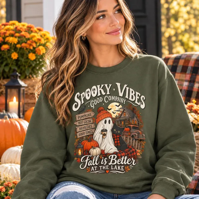 Spooky Vibes Lake Sweatshirt Vintage Ghost Black Cat Fall Sweater Autumn