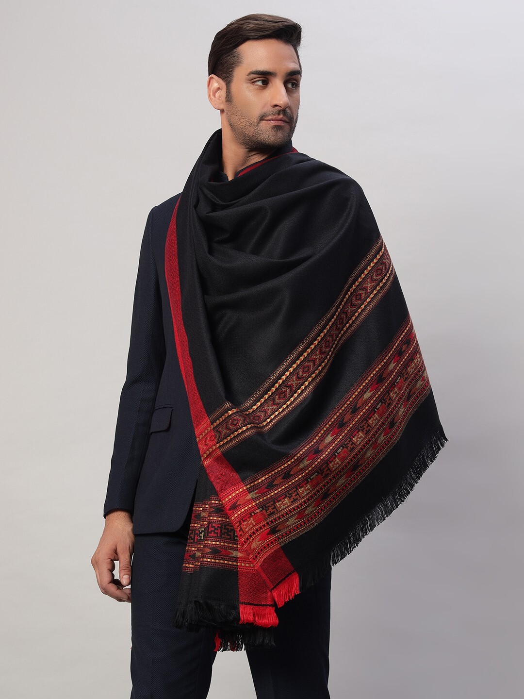 Indian Woven Pashmina Soft Wool 100% Cashmere Men\'s Scarf Shawl Wrap Stole Black
