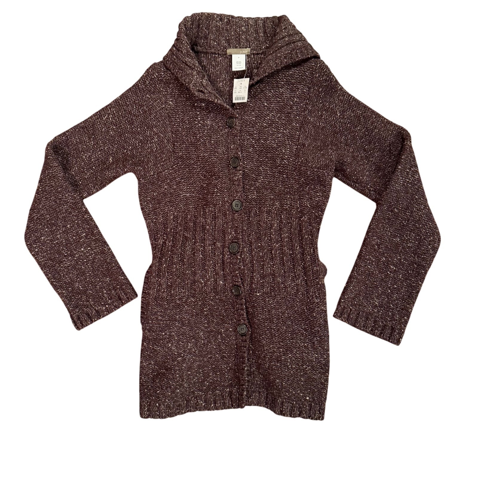JCrew Wool Blend Chunky Knit Hooded Cardigan Sweater Brown Belted Size Small NWT