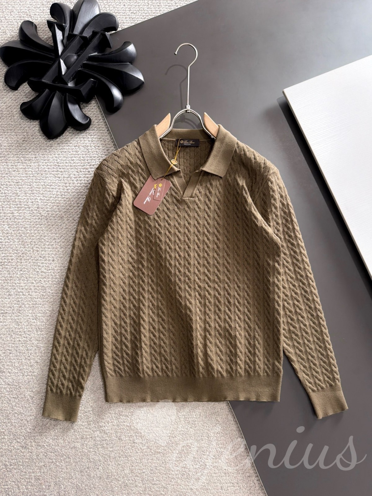 Loro Piana Men\'s Classic Regular Casual Long-Sleeve Twisted Polo Knitted Sweater